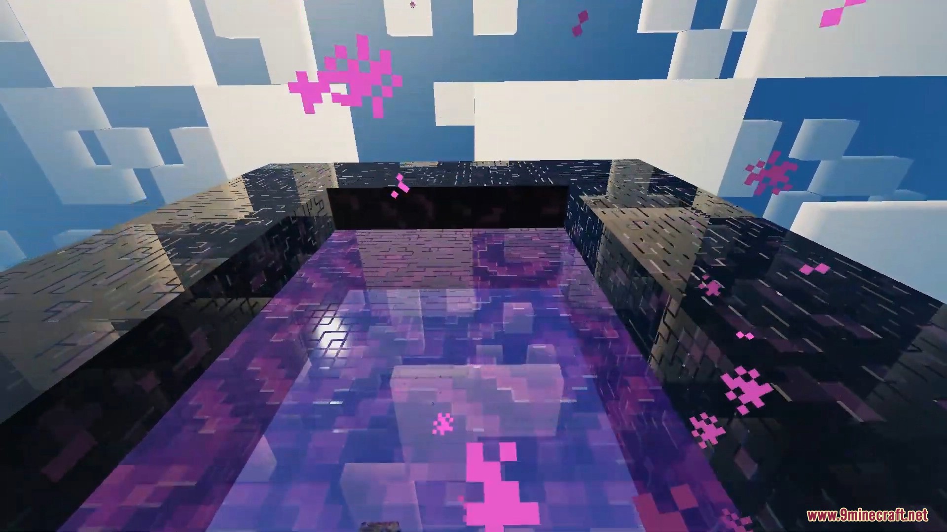 Glossy obsidian blocks forming a nether portal with reflective purple energy