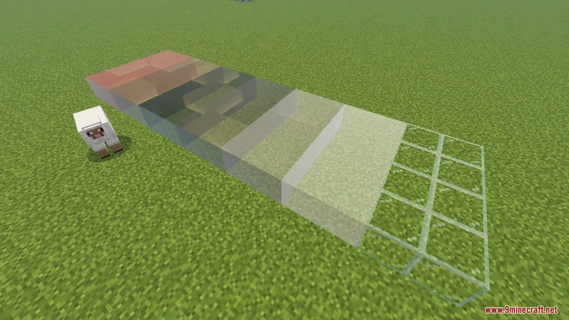 Various glass blocks displaying different transparency levels on grass next to a sheep