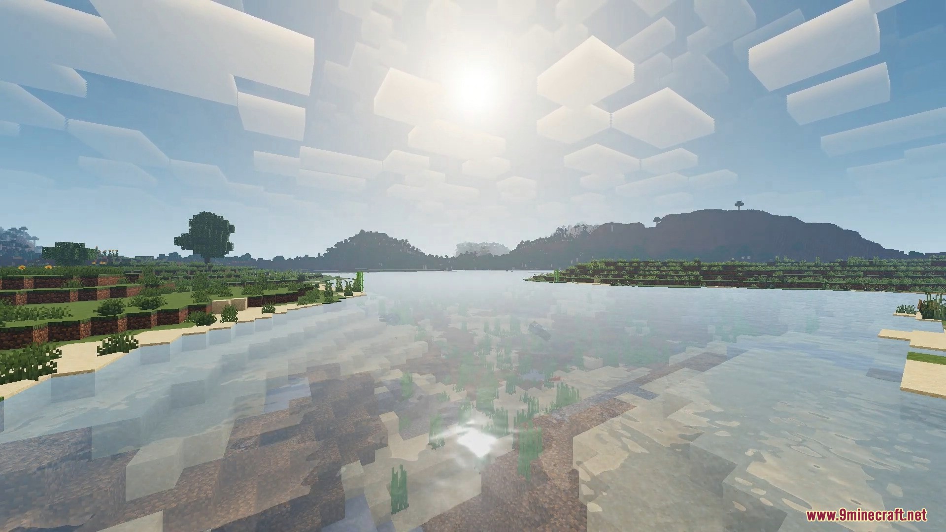 Sunny Minecraft landscape showing clear water reflections and blocky clouds in the sky