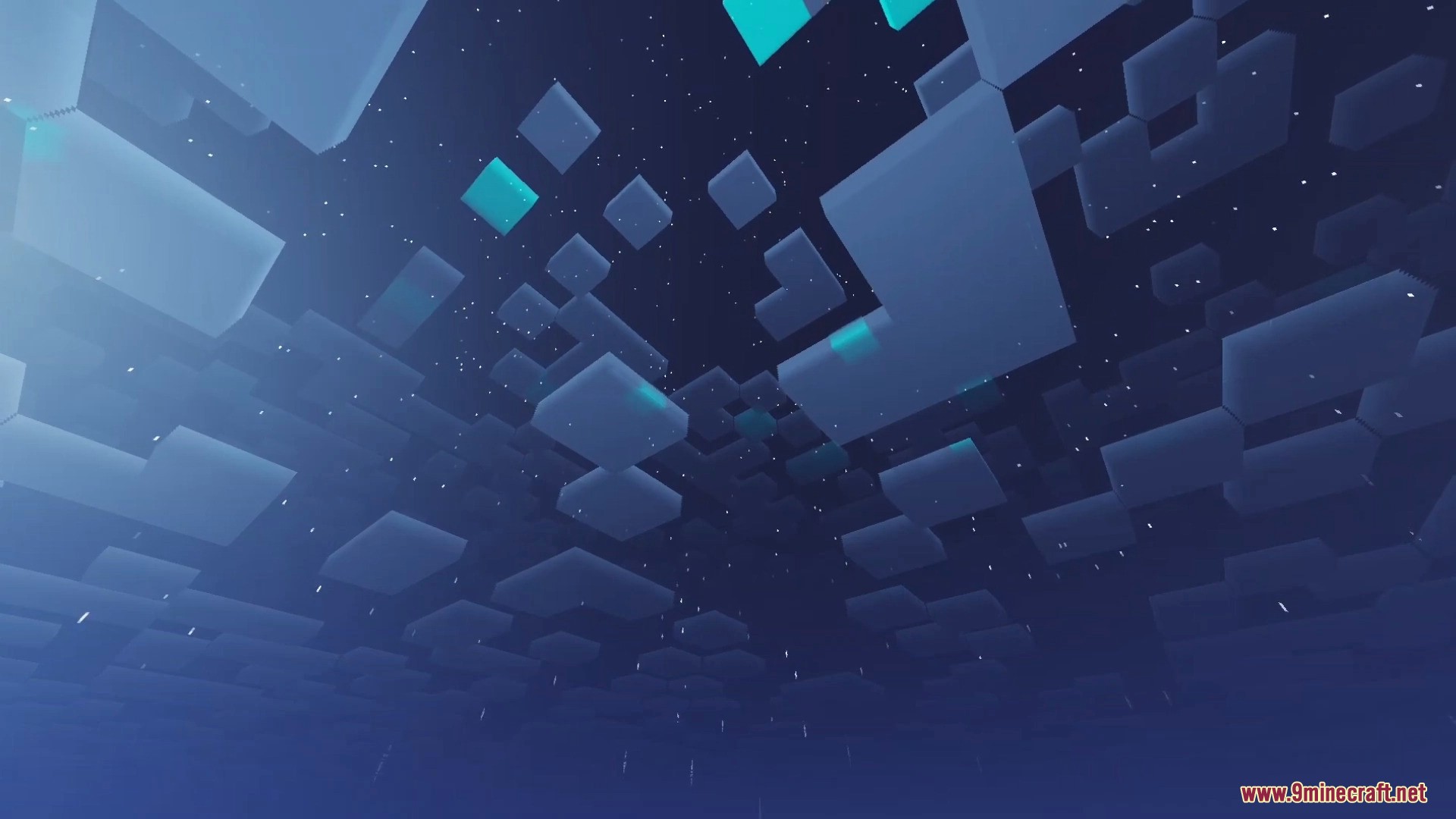 Looking up at a starry Minecraft night sky with glowing blue blocky clouds