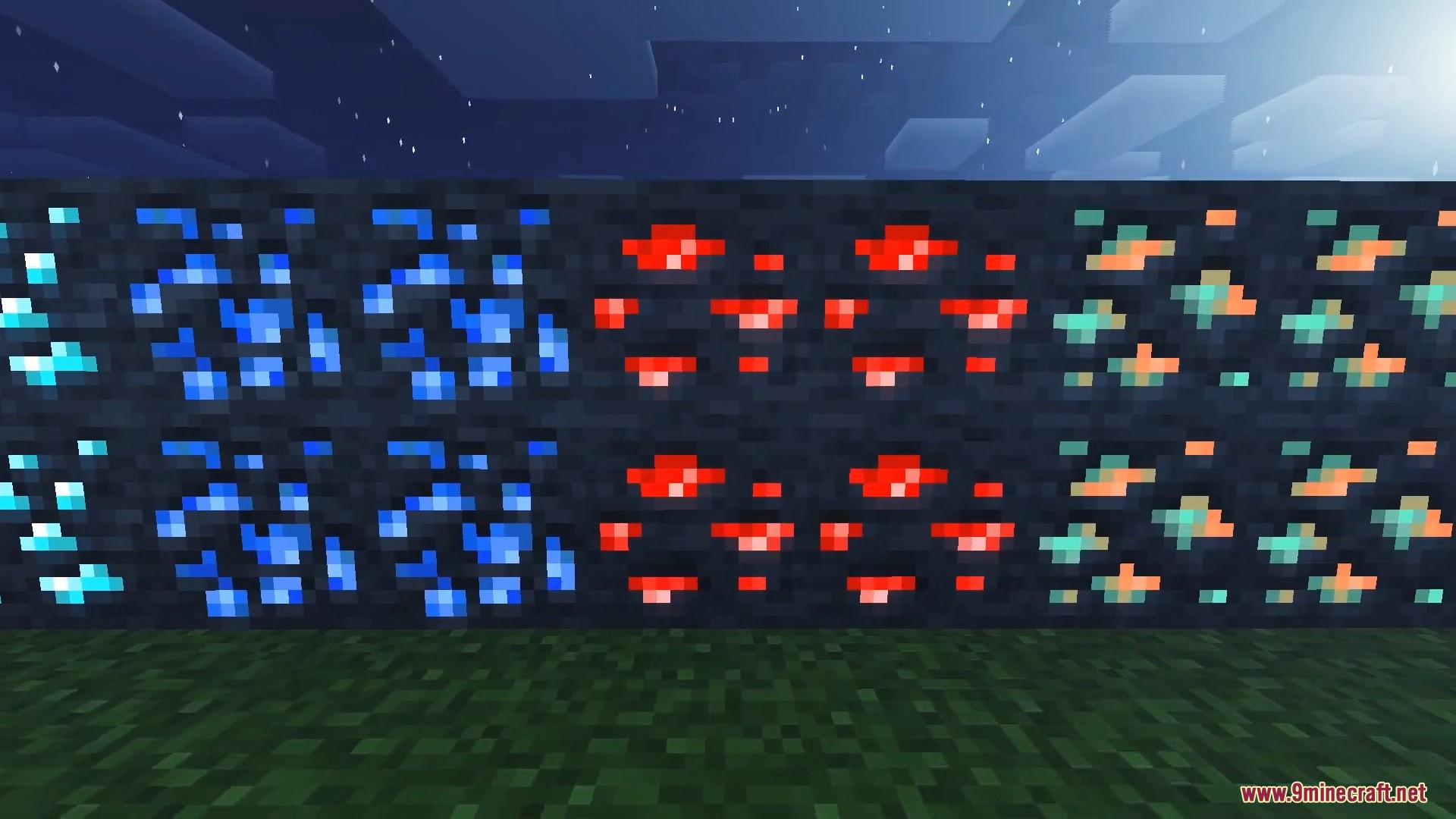 Various glowing ores like diamond and redstone placed on a dark wall