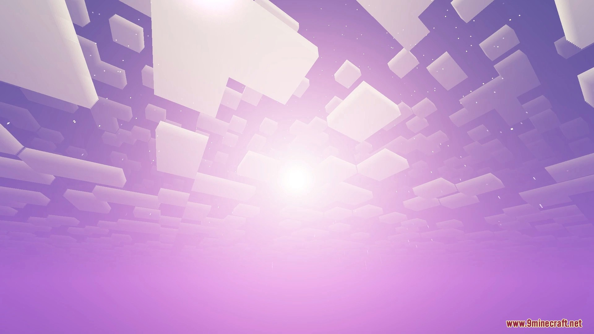 A bright sun shining through blocky white clouds in a purple Minecraft sky