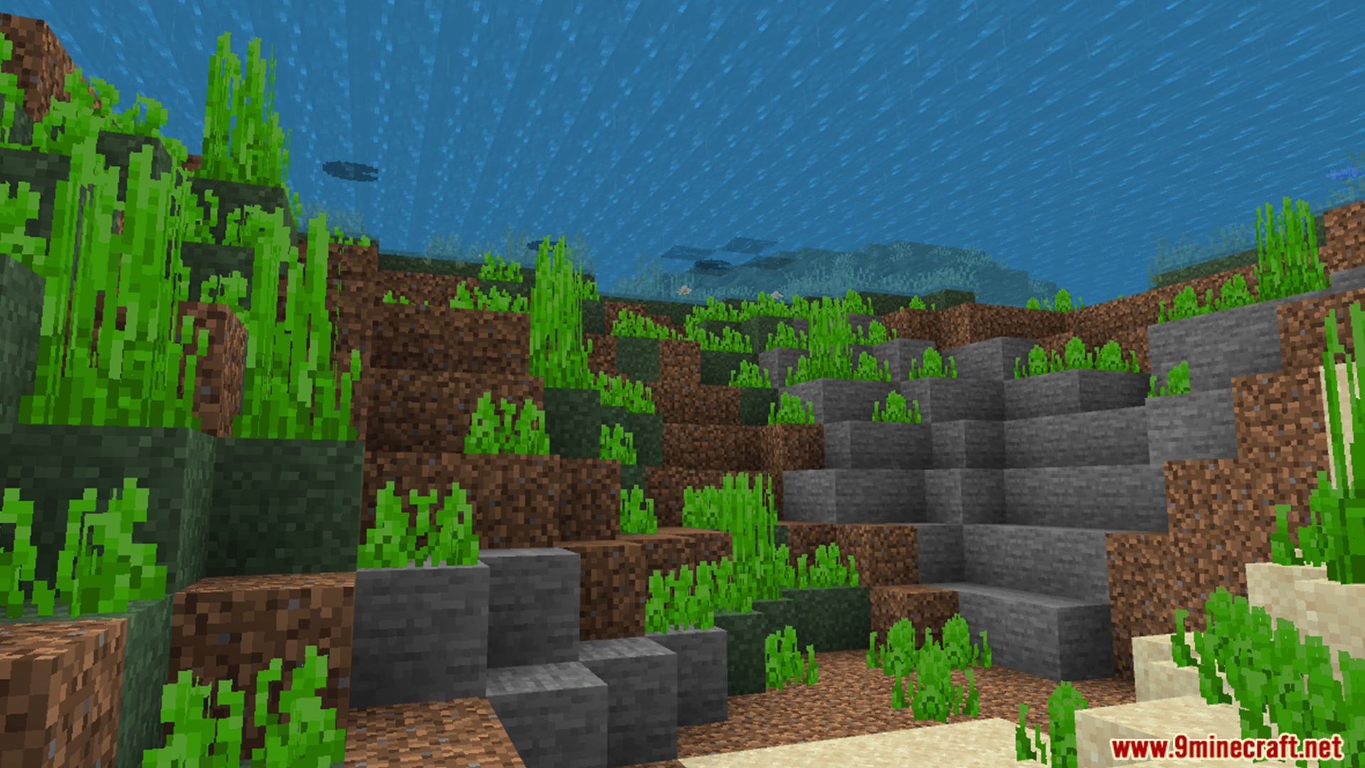 FullBright RD Texture Pack Screenshot 4 Clear underwater view with seaweed and blocks visible without any dark fog