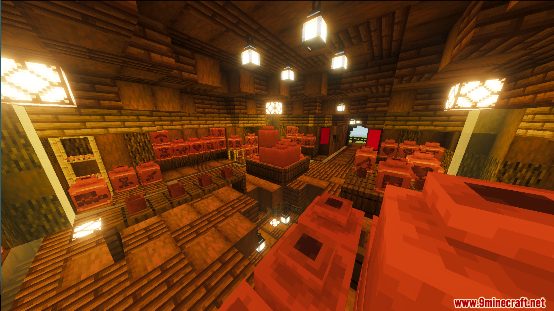 God Tree House Map Screenshot 9 Cozy furnished wooden room with red blocks and hanging lanterns inside the trunk