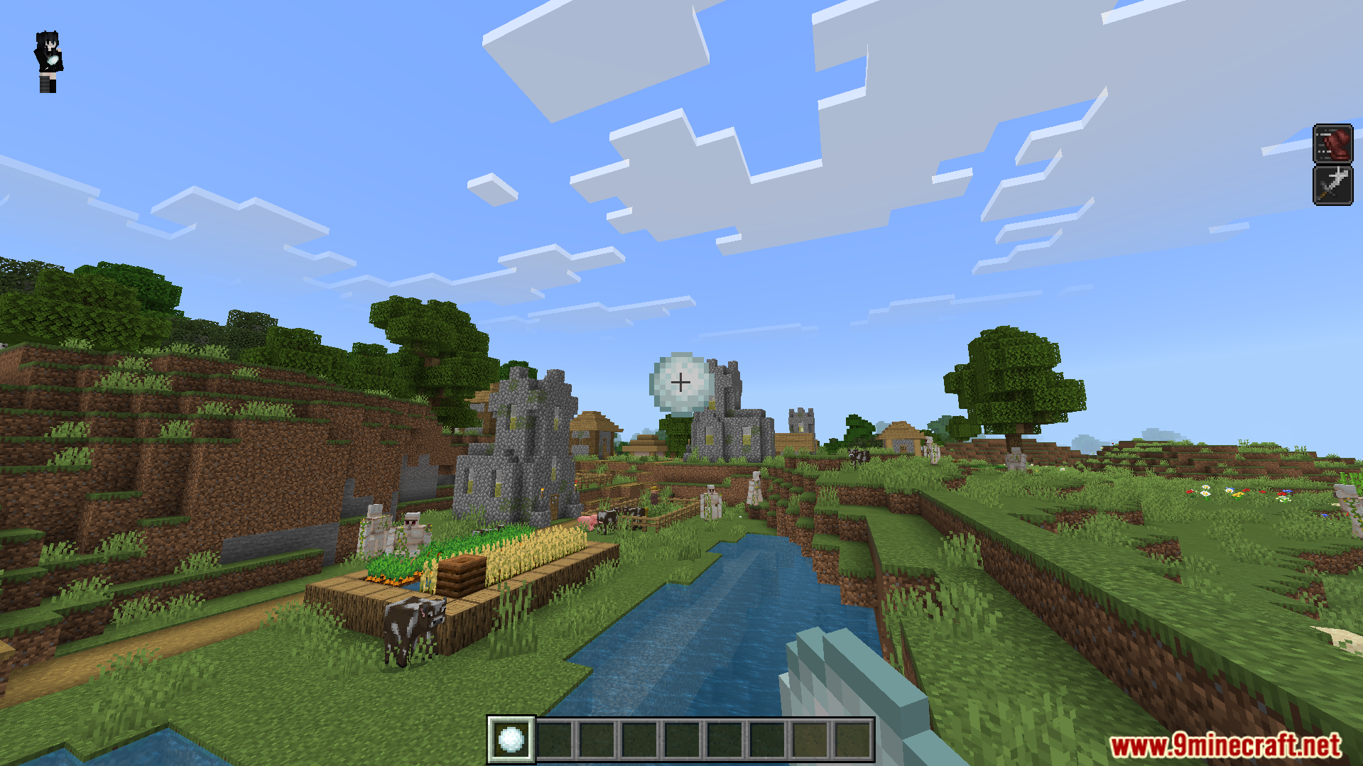 Player holding a snowball in the Gojo Satoru Awakening Addon for Minecraft Bedrock