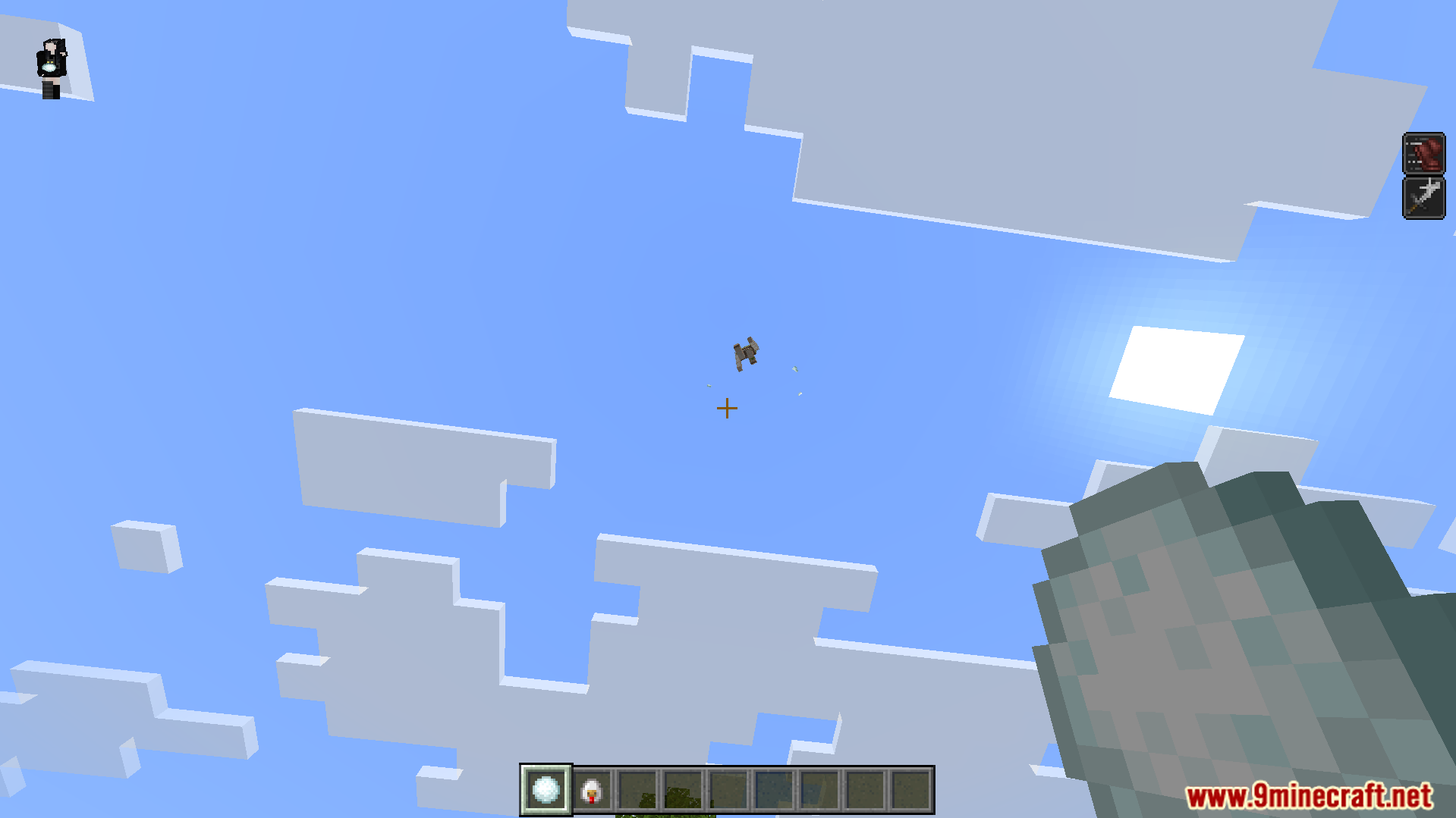 Iron golem floating high in the sky after being pulled by a snowball