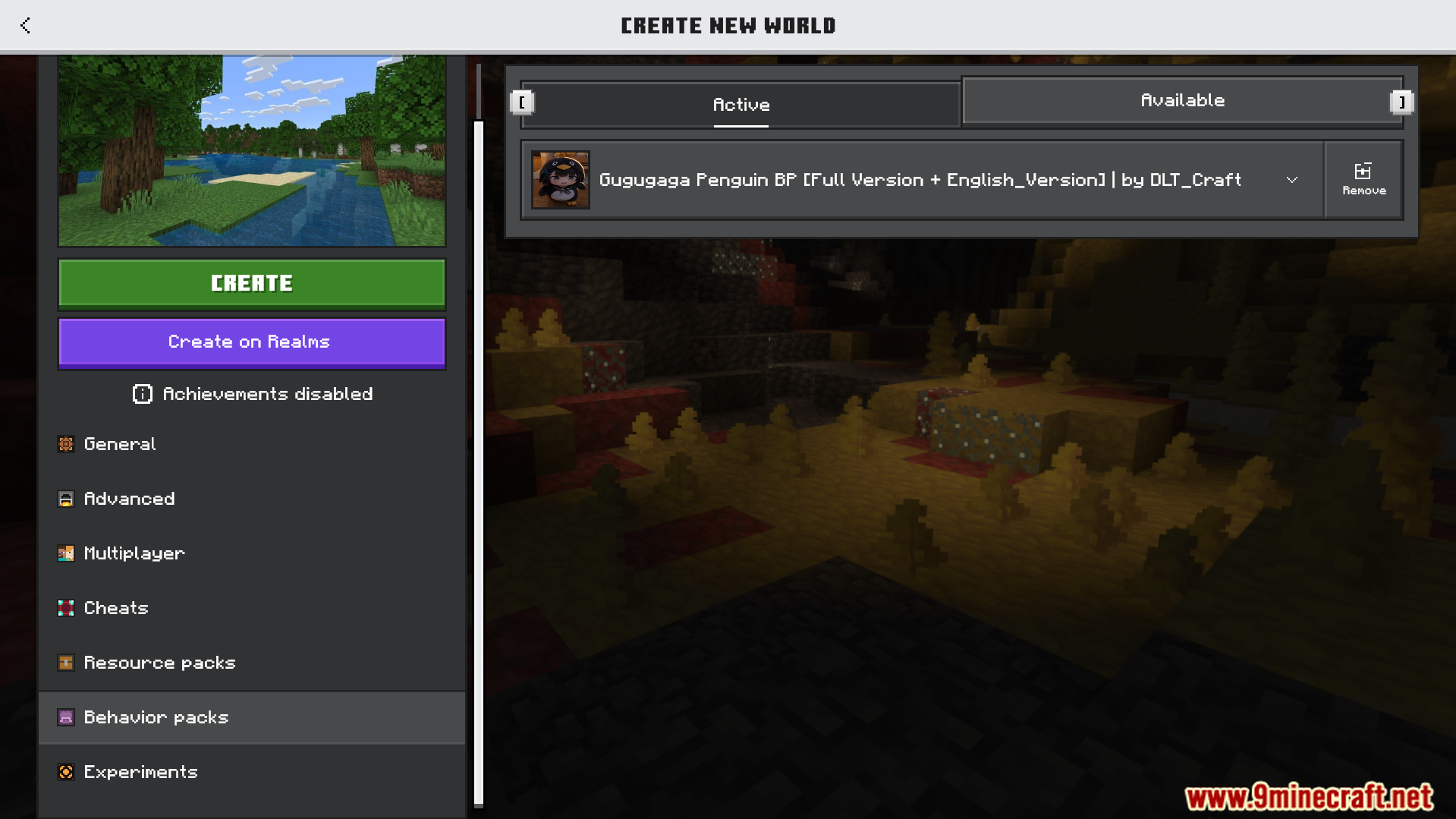 Minecraft world creation menu showing the active behavior pack for penguins