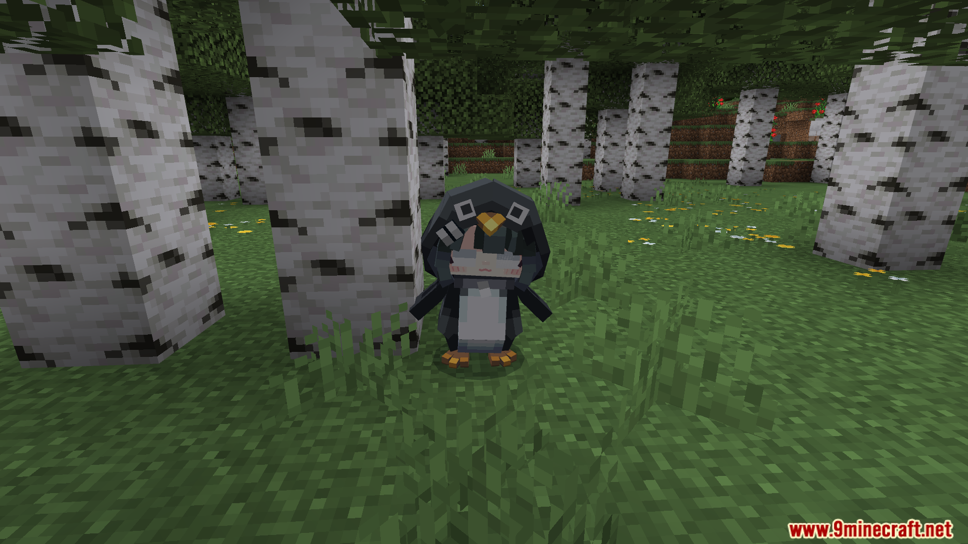 A cute penguin character from the Gugugaga Addon standing in a birch forest
