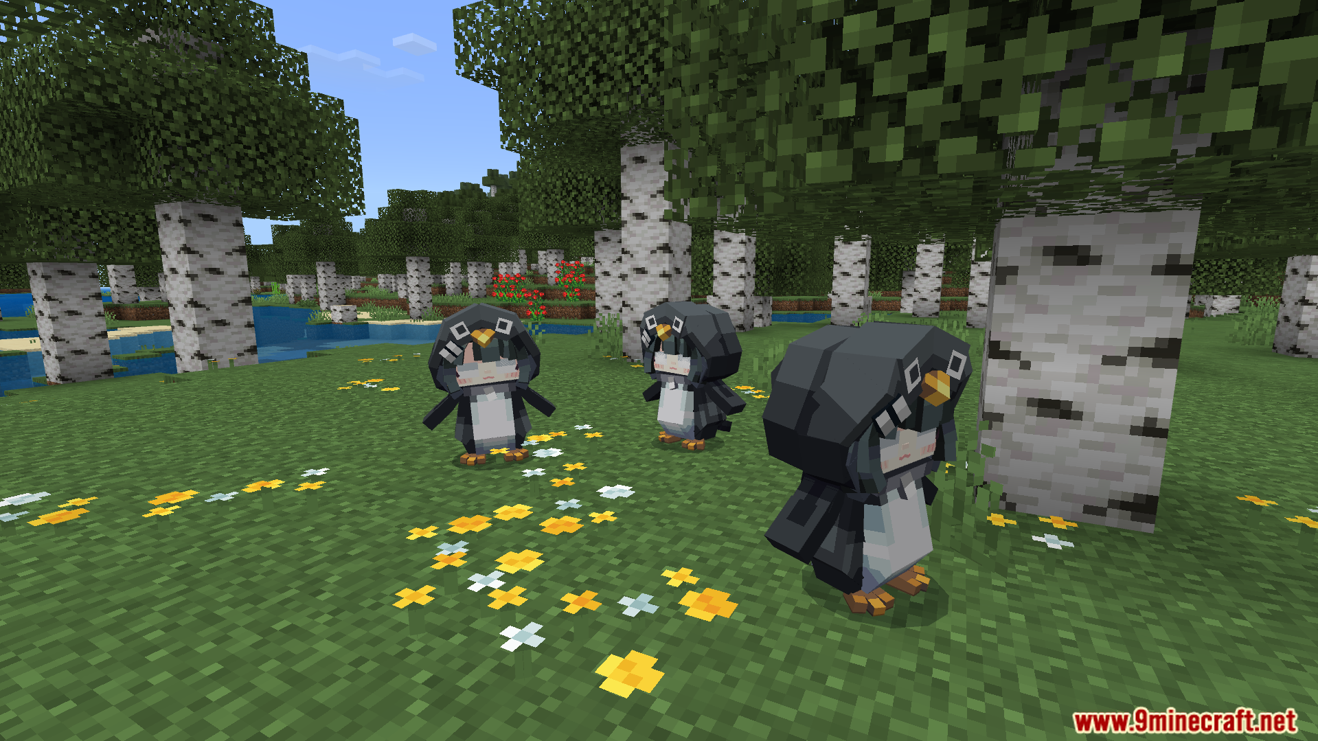 Three cute penguin mobs with anime faces standing in a birch forest