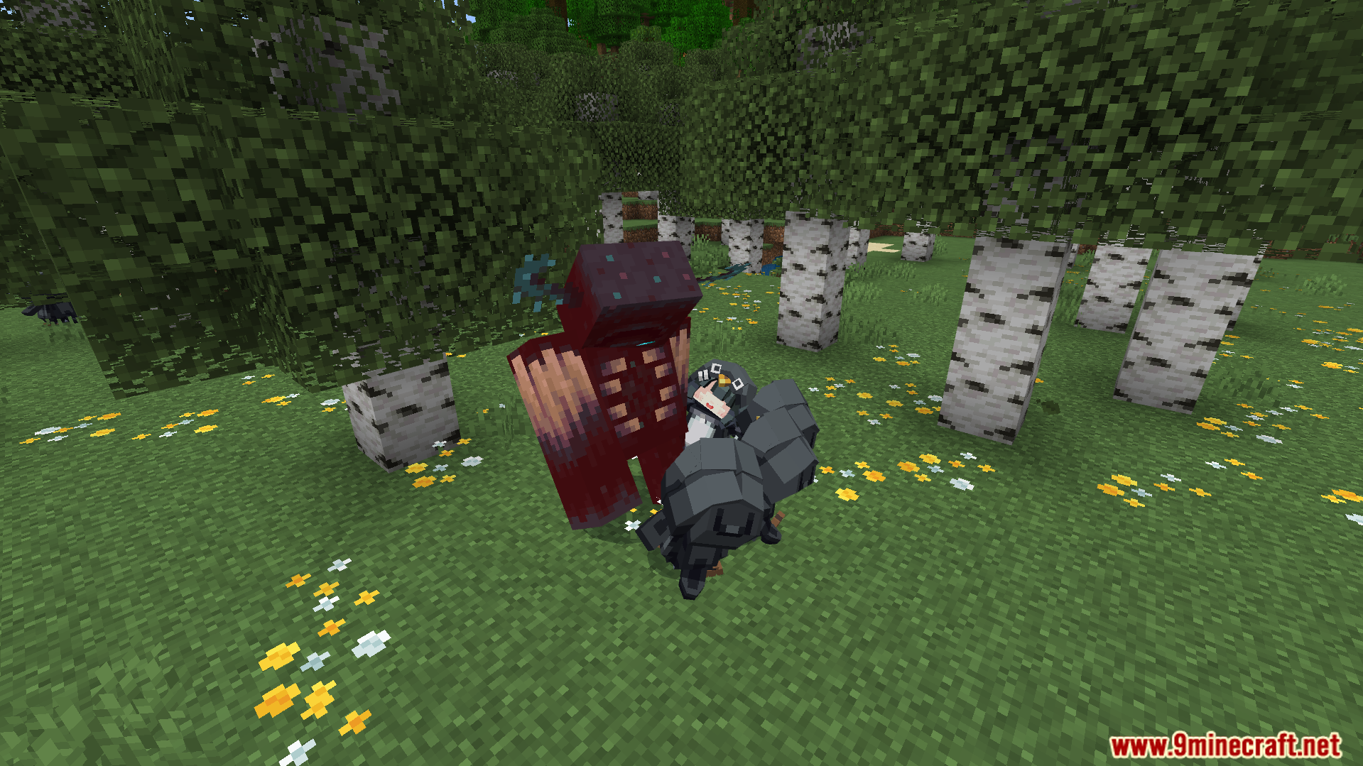 A small penguin mob attacking a large red creature in the woods