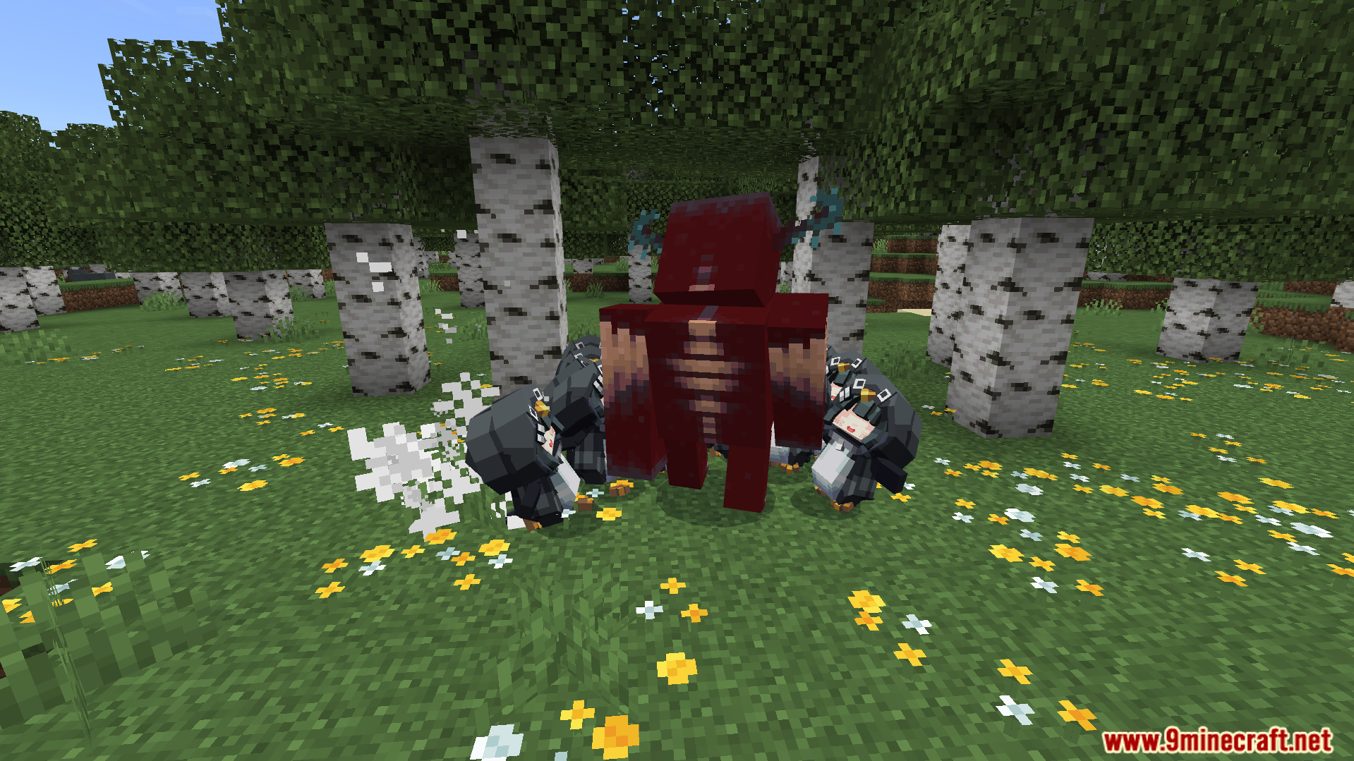 Small penguins gather around a large red Warden mob in a birch forest