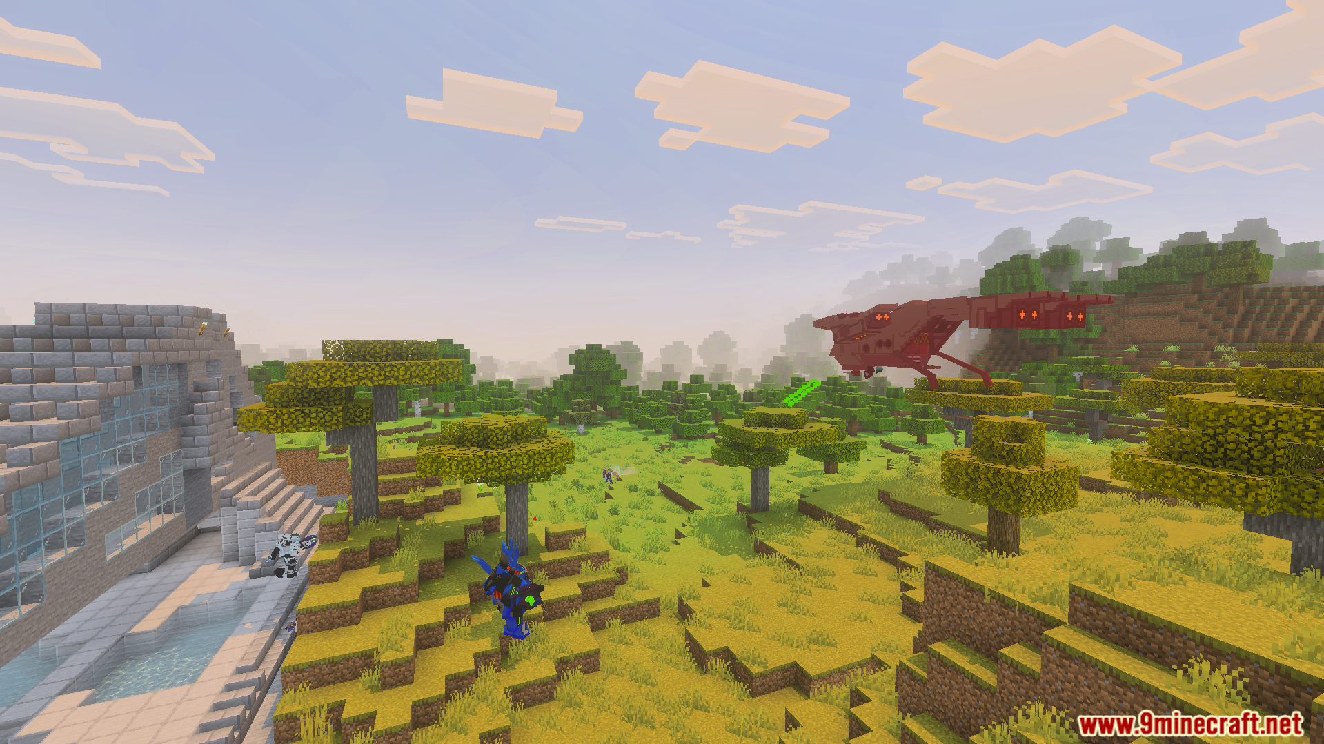 Red alien ship flying over structures and trees with Elites on ground