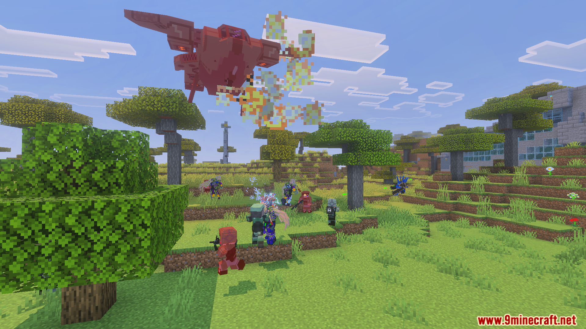 A red alien ship flies over soldiers in a Minecraft savanna biome