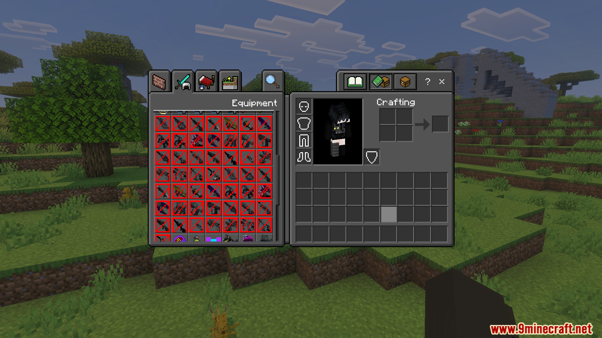 Player viewing the creative inventory filled with custom plasma weapons and armor