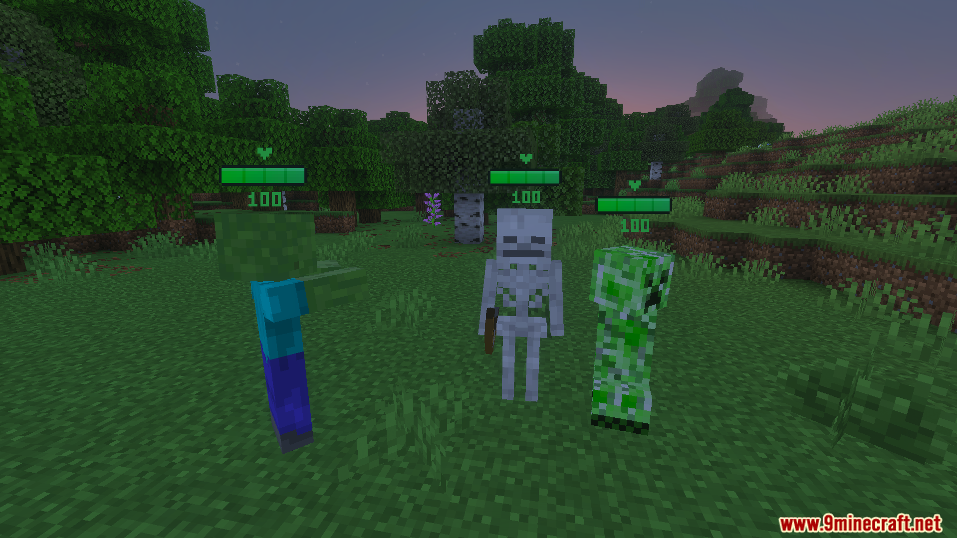 Health Bar Indicator Texture Pack showing health bars above hostile Minecraft mobs in forest