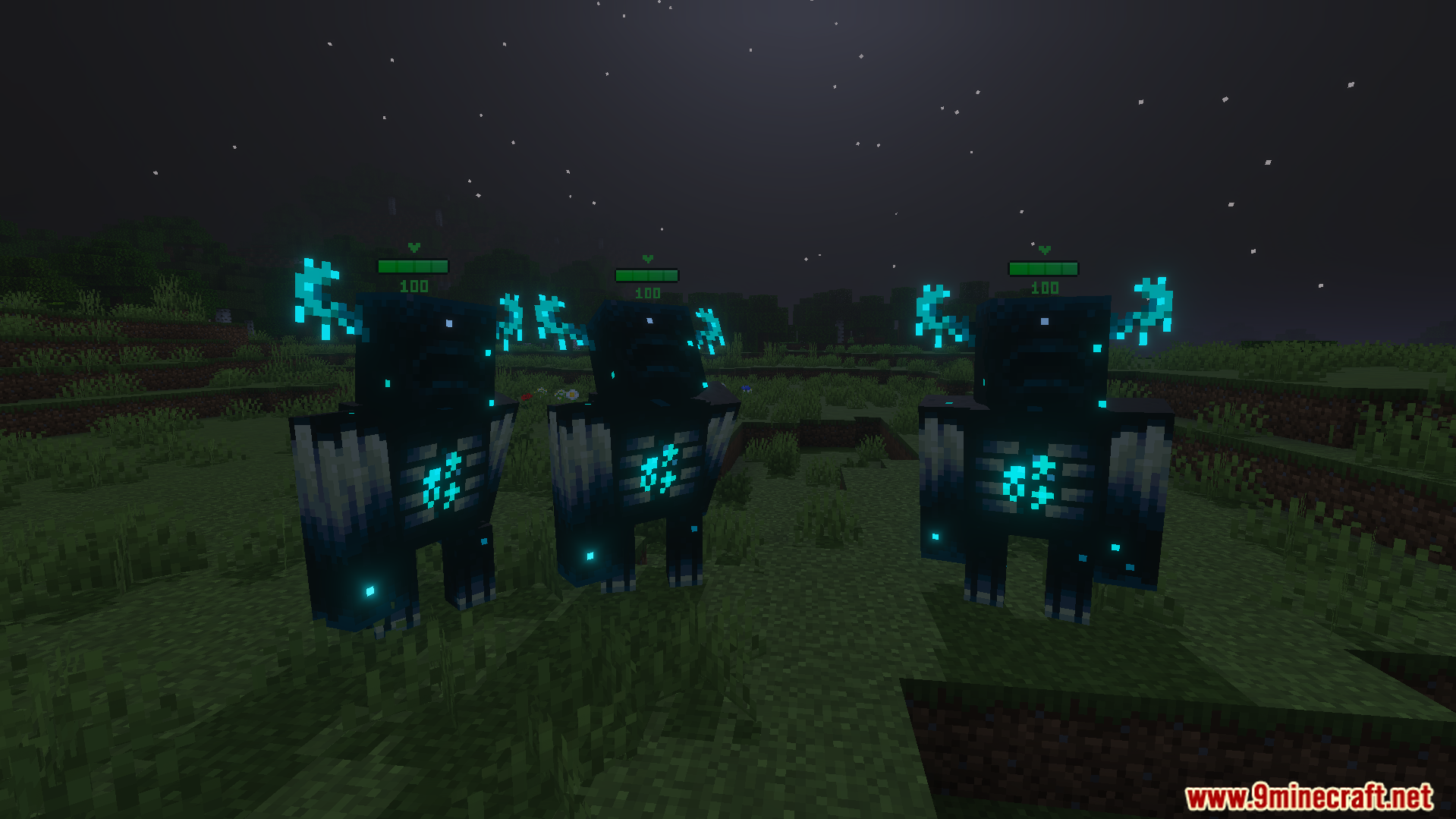 Three Wardens standing in a field at night with green health bars visible