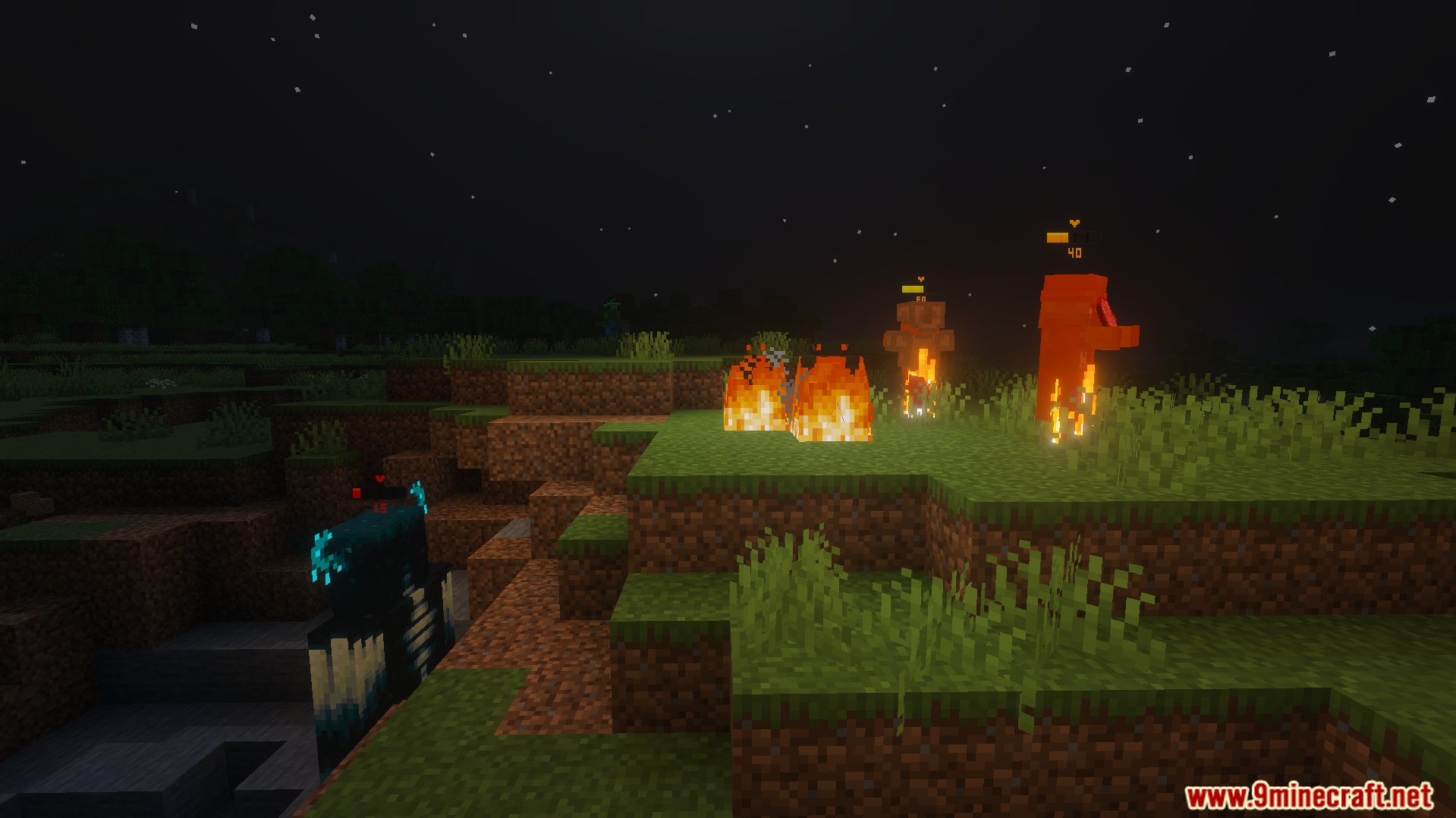 Warden in a ravine and burning mobs on a hill with health bars