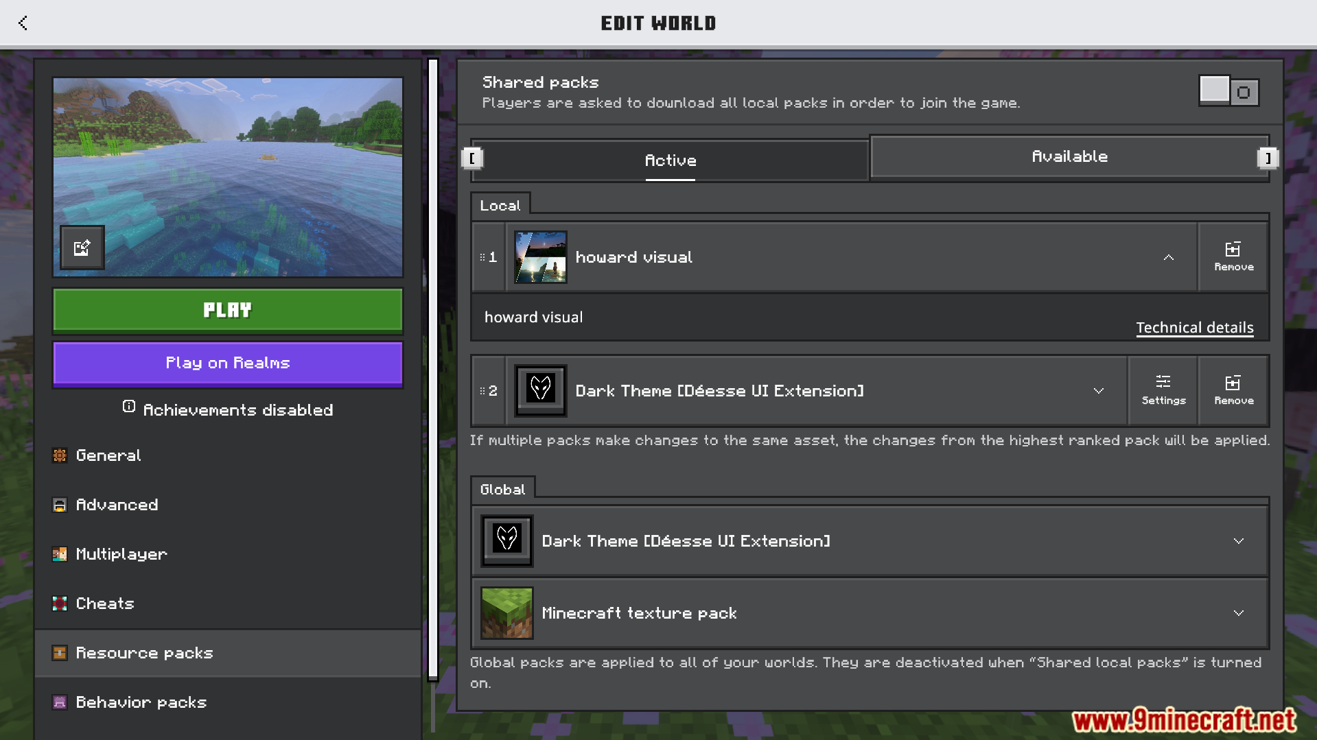 Howard Visual Shader Screenshot 1 Minecraft resource pack settings menu with Howard Visual shader and dark theme