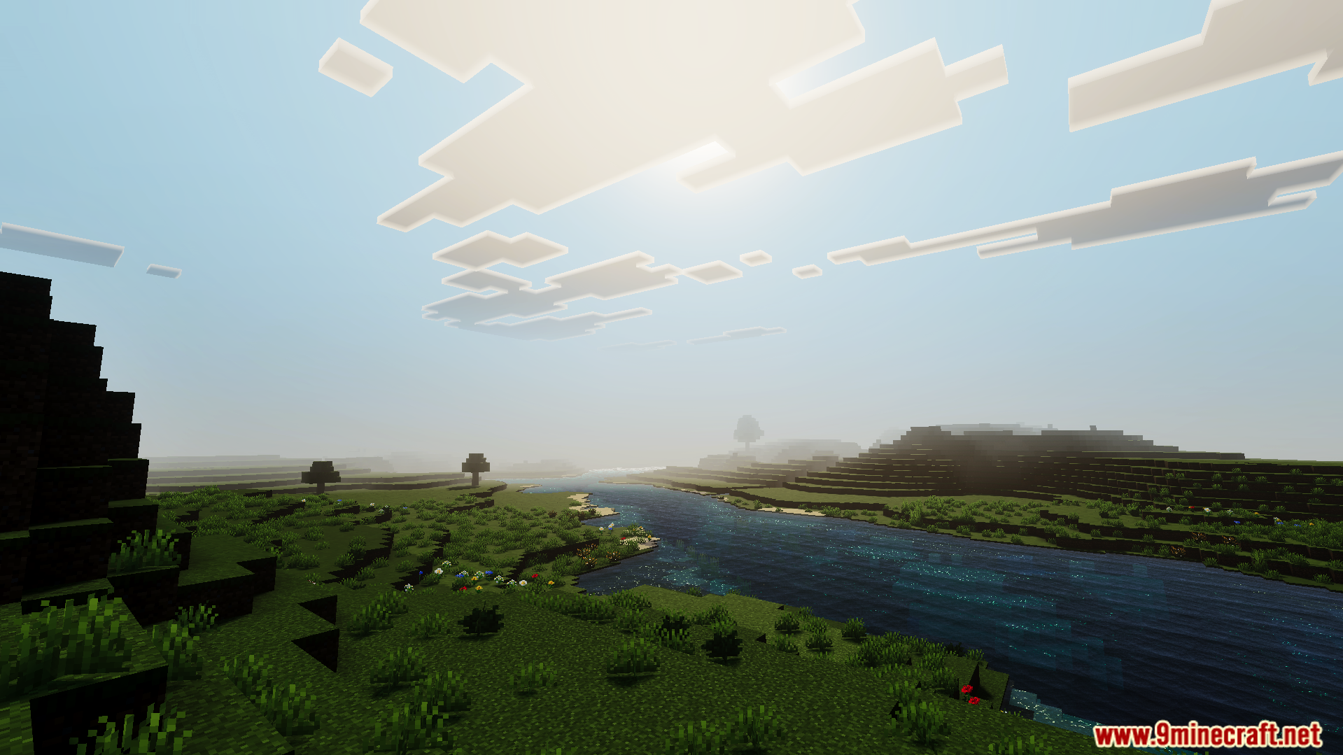 Howard Visual Shader Screenshot 4 Bright skies and clear distance views of a river flowing through green plains