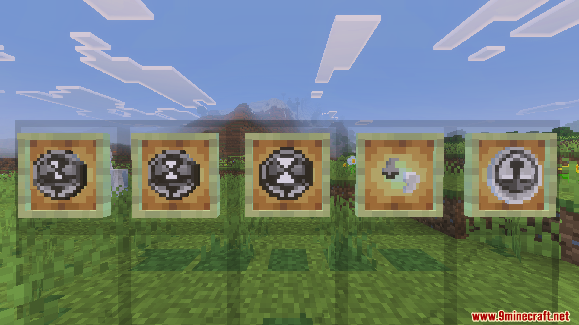 Howards Time Stop Addon Screenshot 2 Five item frames displaying various craftable clocks and quantum bombs in a field