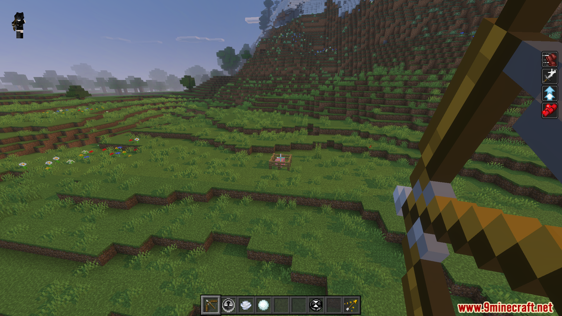 Howards Time Stop Addon Screenshot 4 Player holding a bow while looking at a structure in a field