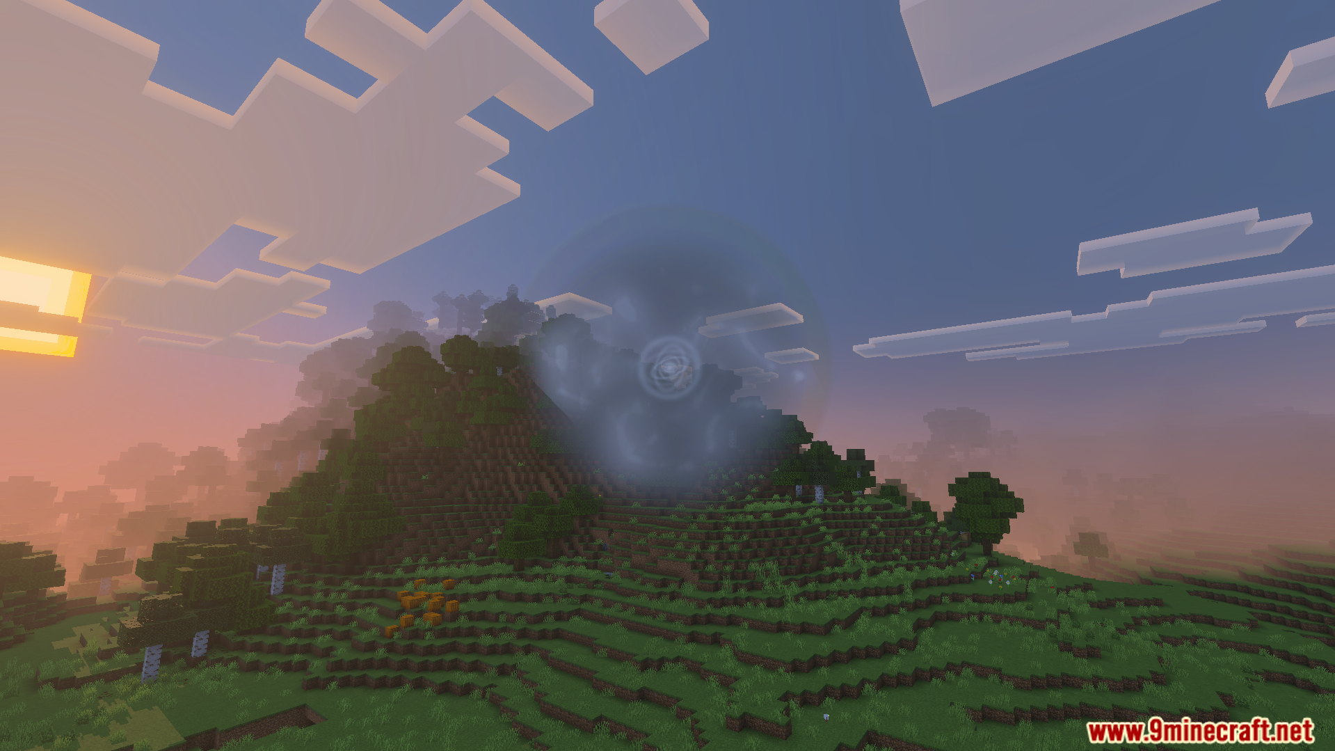 Howards Time Stop Addon Screenshot 6 A glowing sphere from a quantum bomb freezes the landscape at sunset