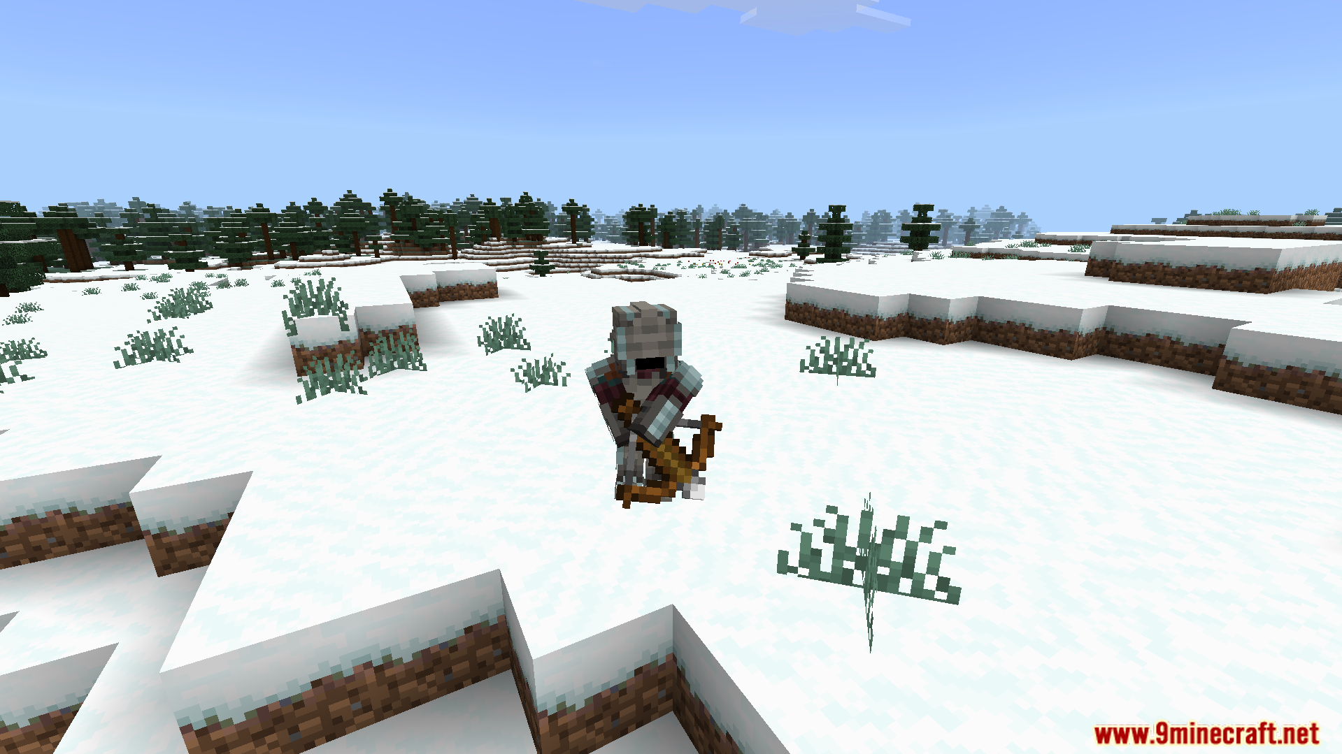 Human Era Villagers and Illagers X Actions N Stuff Texture Pack Screenshot 7 A masked illager soldier patrols a snowy taiga biome alone