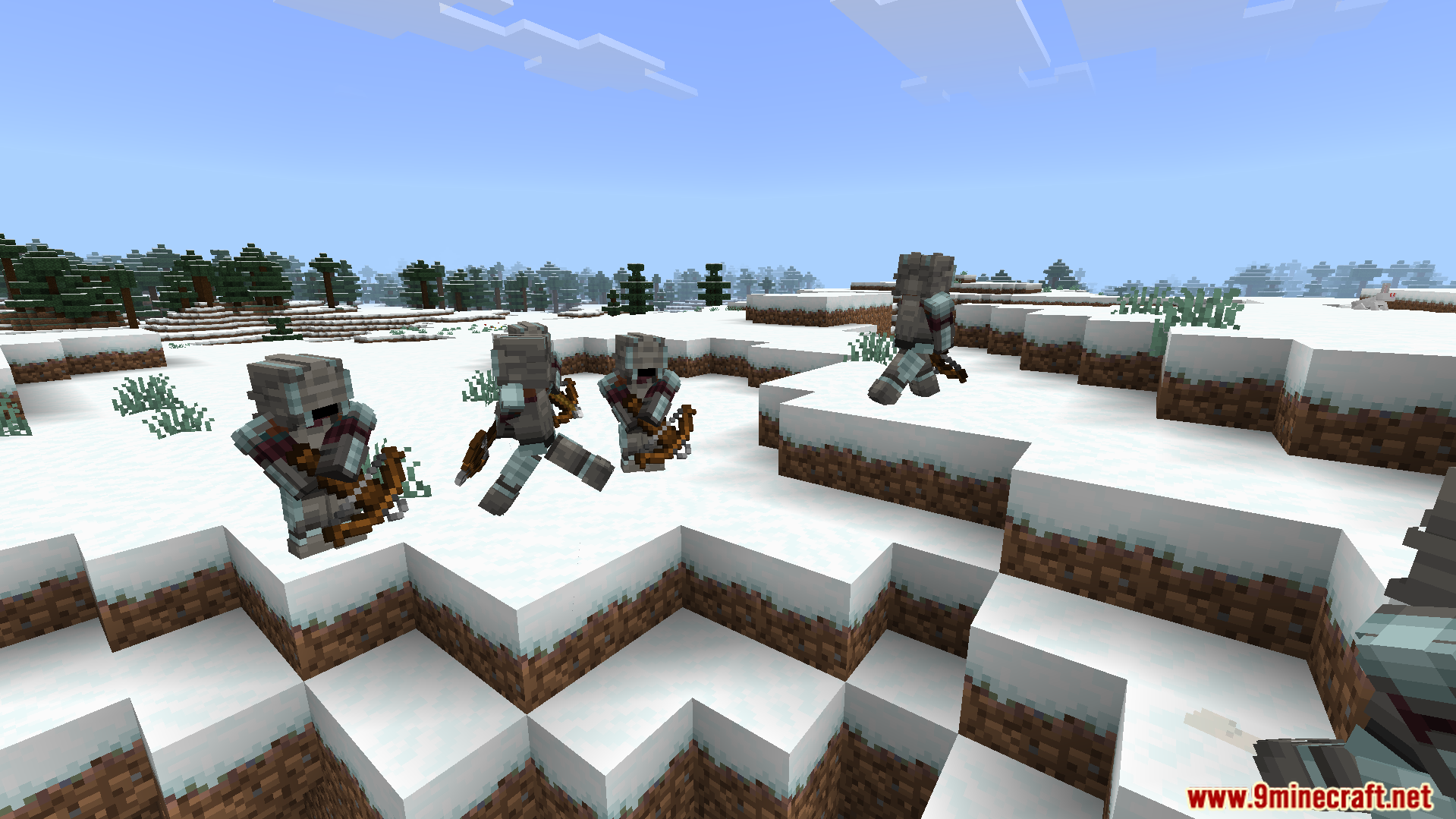 Human Era Villagers and Illagers X Actions N Stuff Texture Pack Screenshot 8 A group of masked illager soldiers with backpacks and crossbows