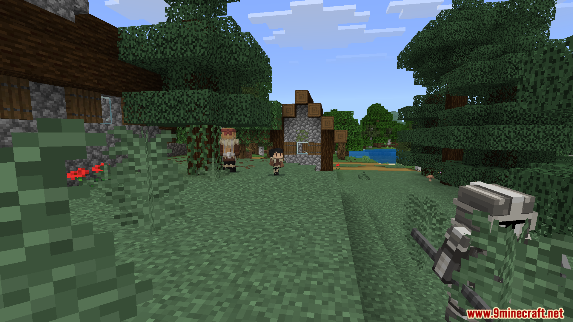 Human Era Villagers and Illagers X Actions N Stuff Texture Pack Screenshot 10 A masked illager soldier observes human villagers in the woods