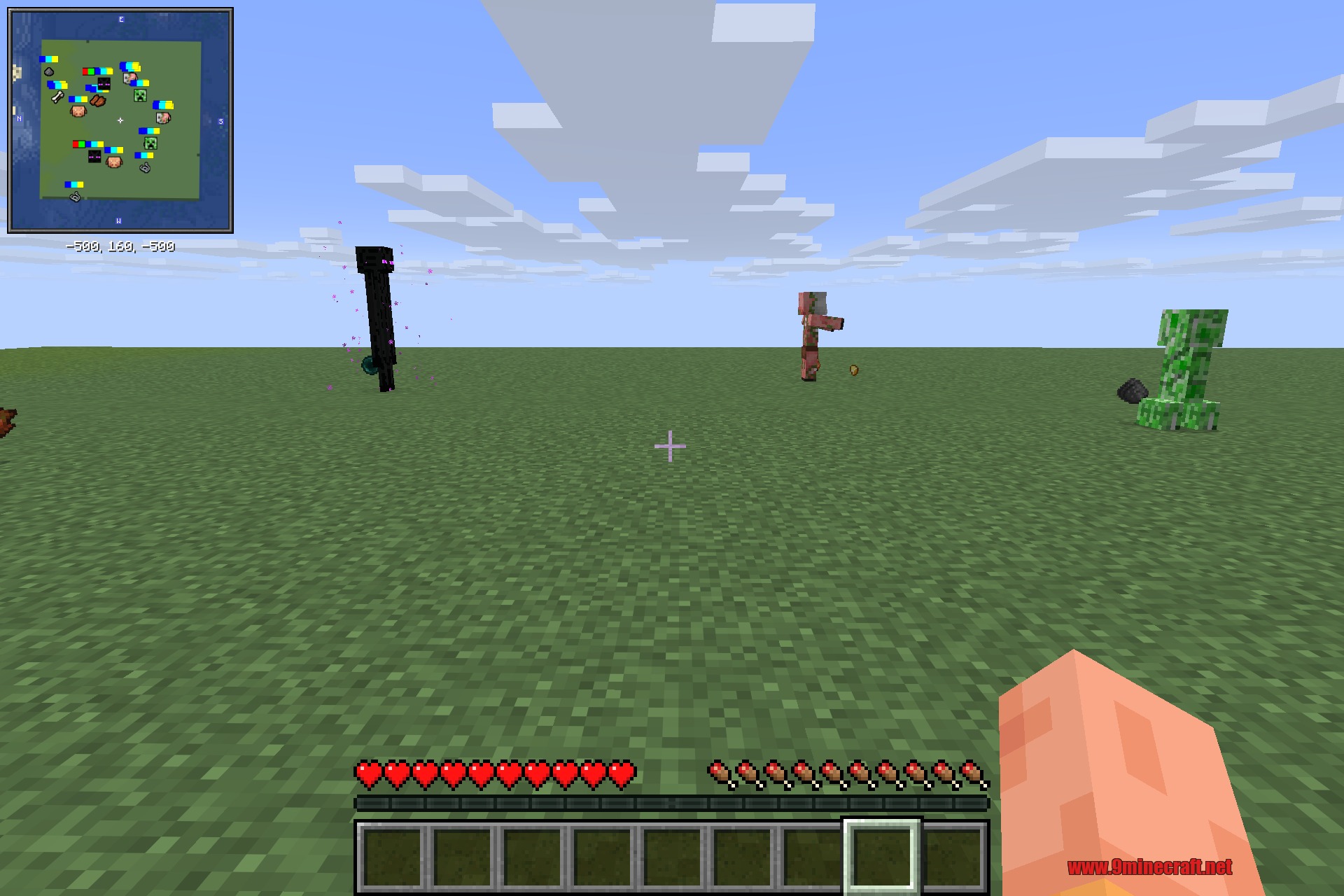 Enderman, zombified piglin, and creeper shown as custom icons on the Xaero's minimap