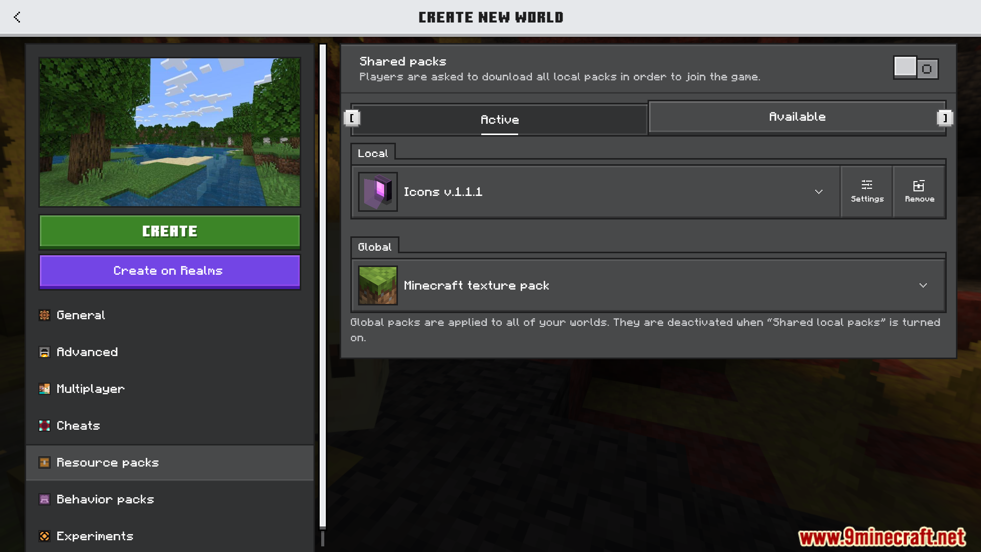 Icons Bedrock Edition Texture Pack Screenshot 1 Resource pack menu in Minecraft Bedrock showing the active Icons texture pack