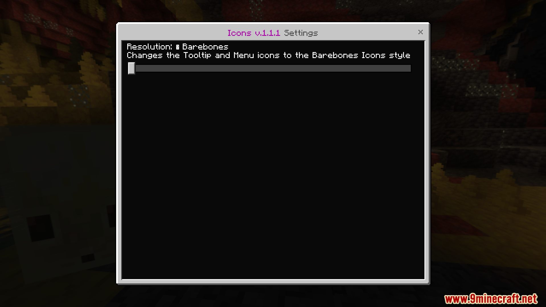 Icons Bedrock Edition Texture Pack Screenshot 2 Settings window with a slider to change the resolution for menu symbols