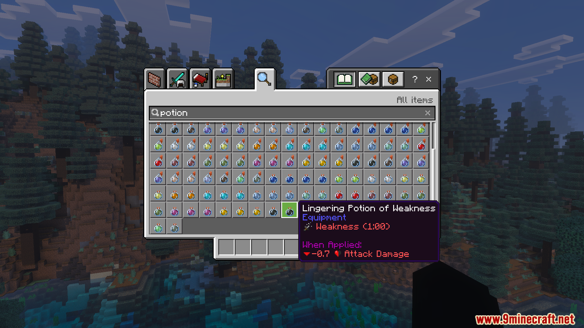 Icons Bedrock Edition Texture Pack Screenshot 8 Potion of weakness tooltip showing custom icons in the Minecraft creative inventory screen