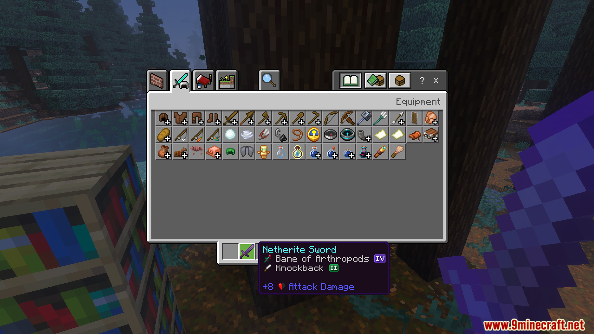Icons Bedrock Edition Texture Pack Screenshot 10 Inventory screen showing a netherite sword with custom icons for its enchantments