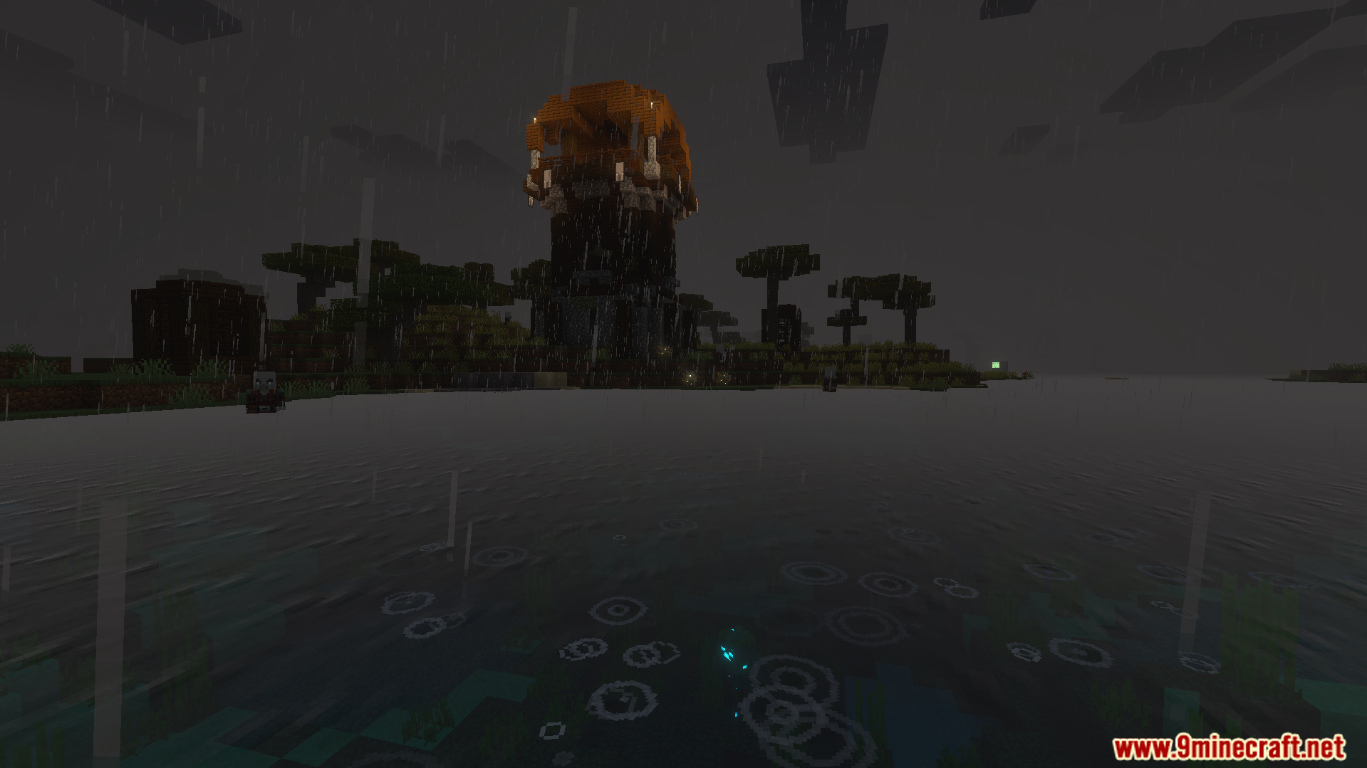 Immersive Rain And Snow Texture Pack adds wind driven rain over a Pillager Outpost