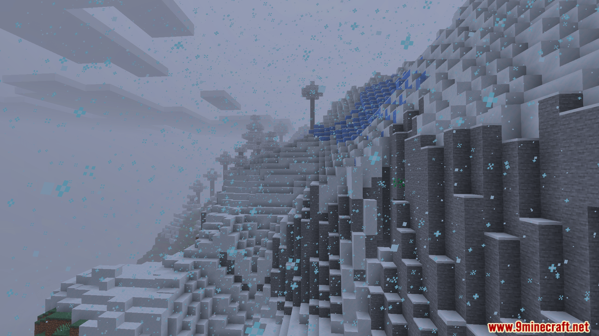 Immersive Rain And Snow Texture Pack showing detailed snowflakes on a snowy mountain