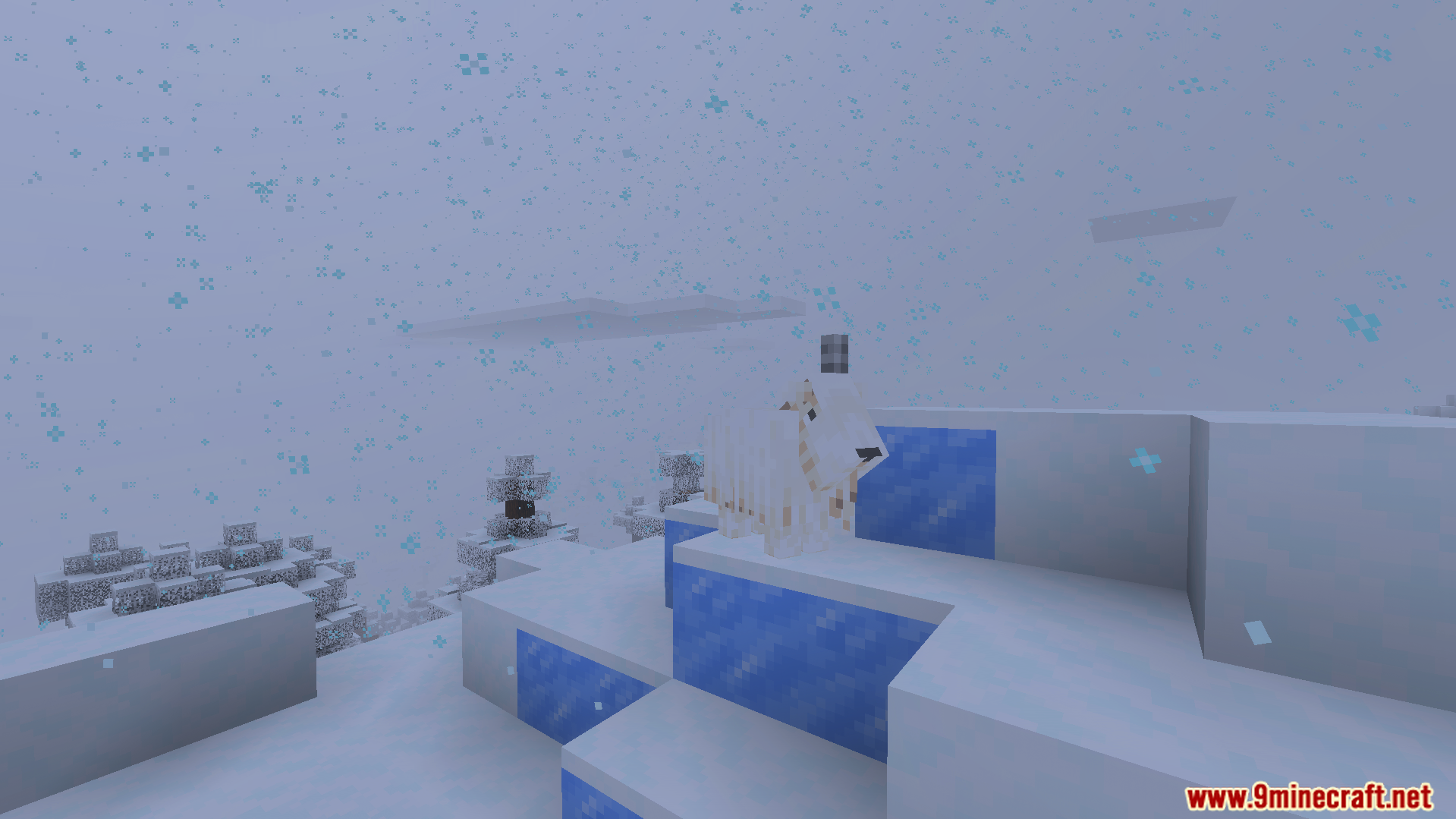 Detailed snowflakes tumble and drift around a goat in a snowy mountain biome