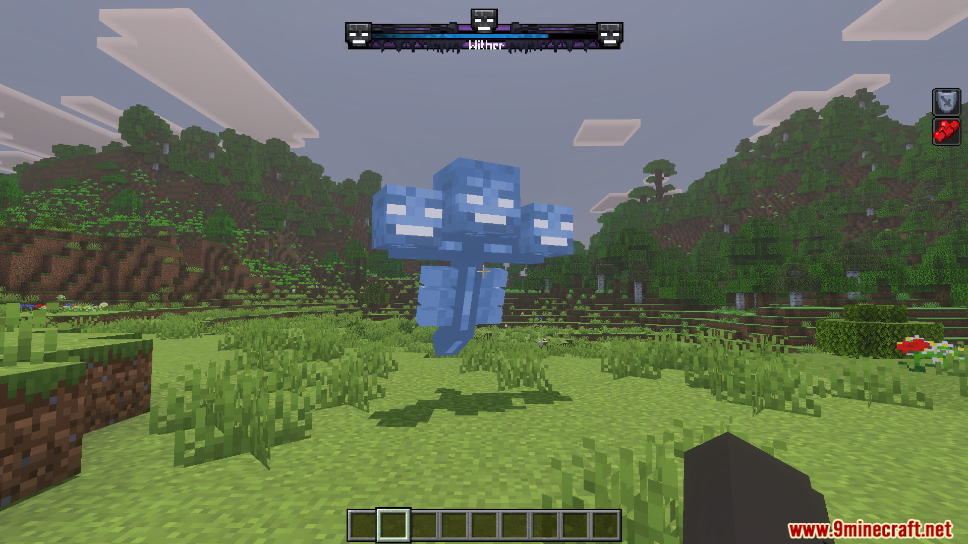 Improved Bossbars Texture Pack Screenshot 1 A blue Wither boss floats in a field with Improved BossBars Texture Pack
