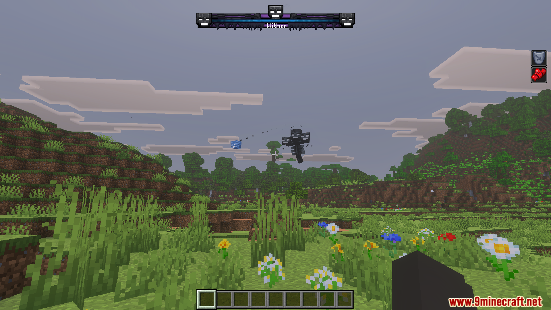 Improved Bossbars Texture Pack Screenshot 2 Black Wither boss shoots a blue skull under a fantasy boss health bar