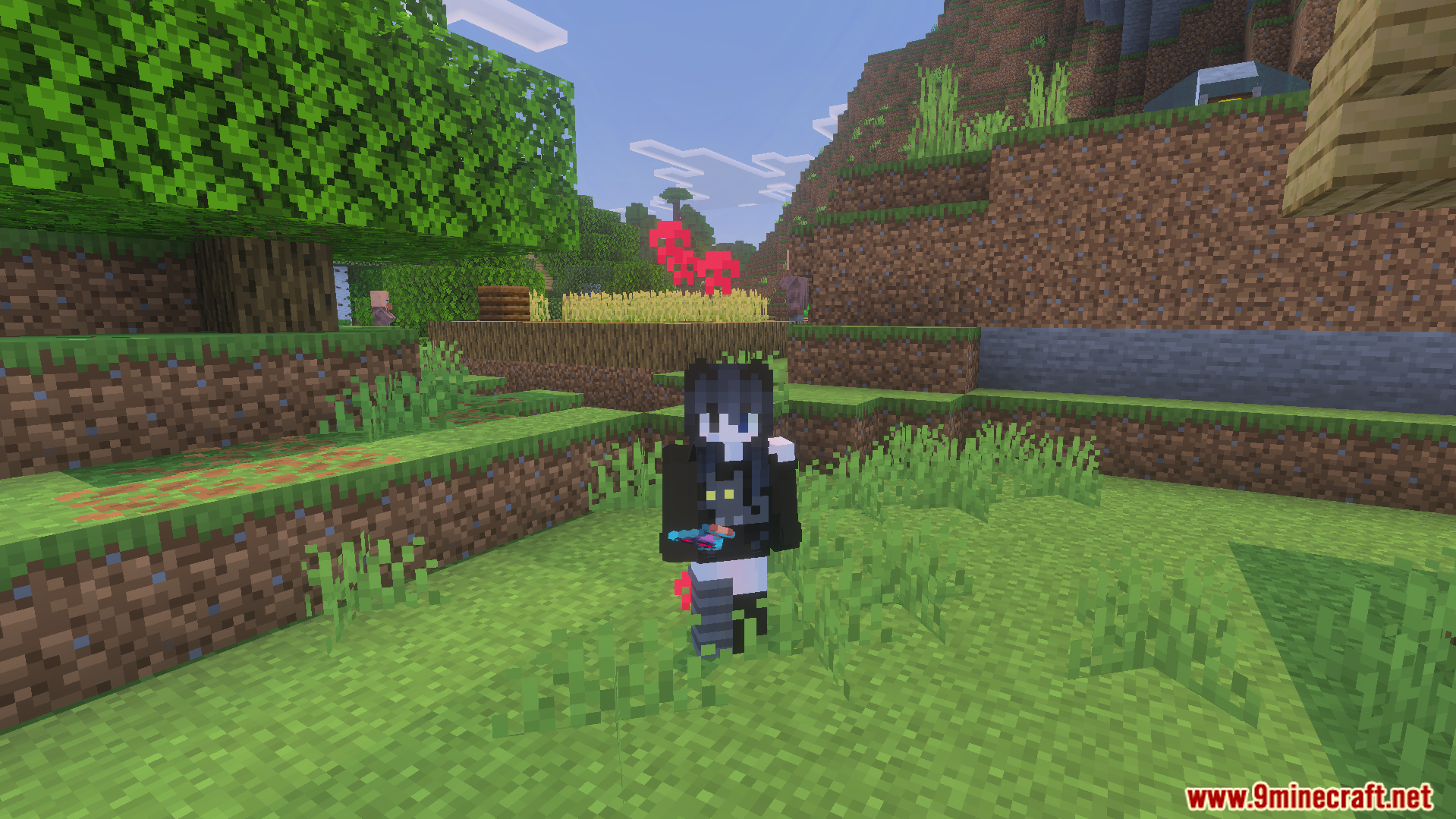 Improved Bossbars Texture Pack Screenshot 3 A Minecraft player stands in a grassy field with red hearts floating nearby