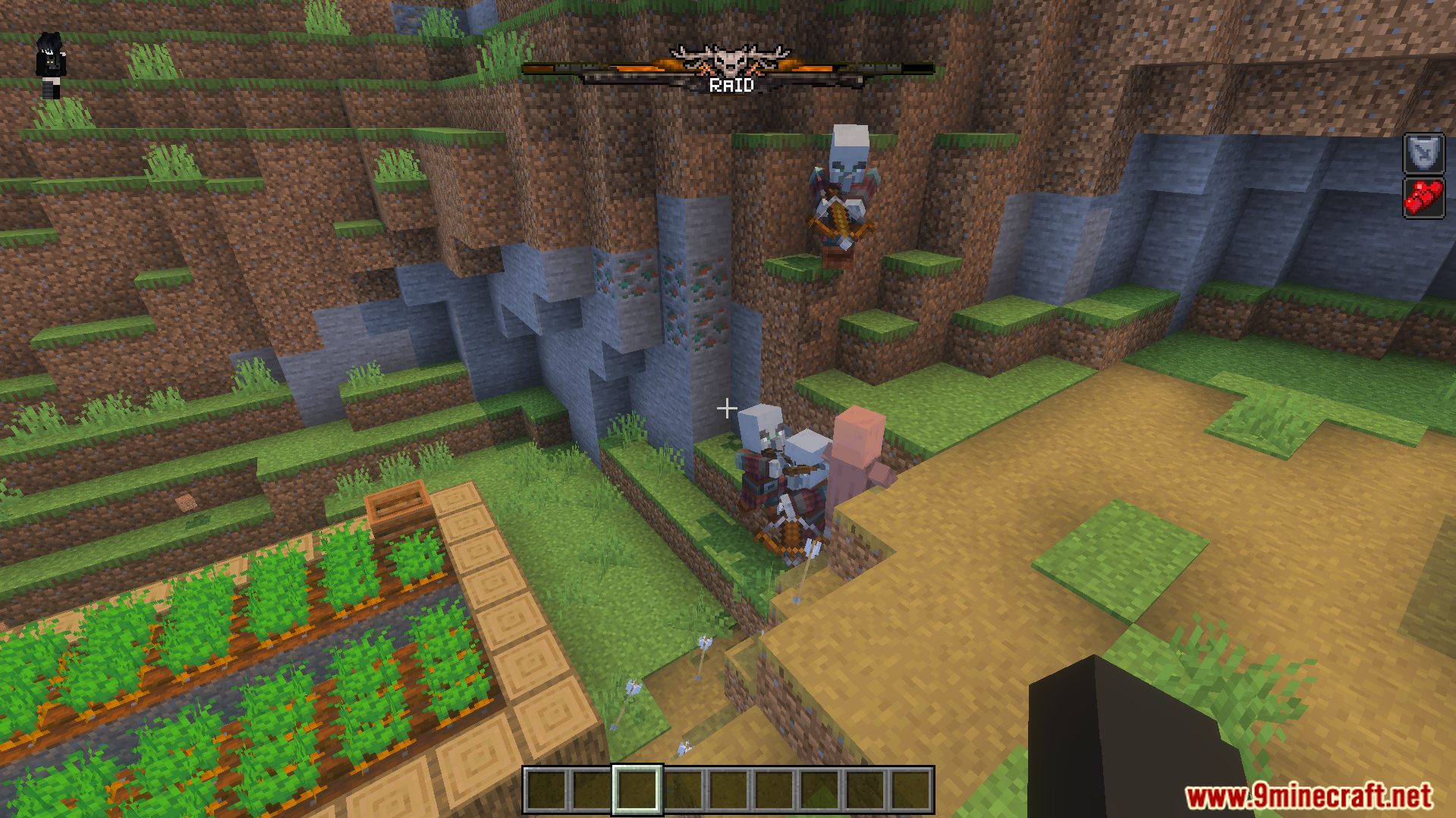 Improved Bossbars Texture Pack Screenshot 6 Pillagers attack a villager under a custom fantasy themed raid bar