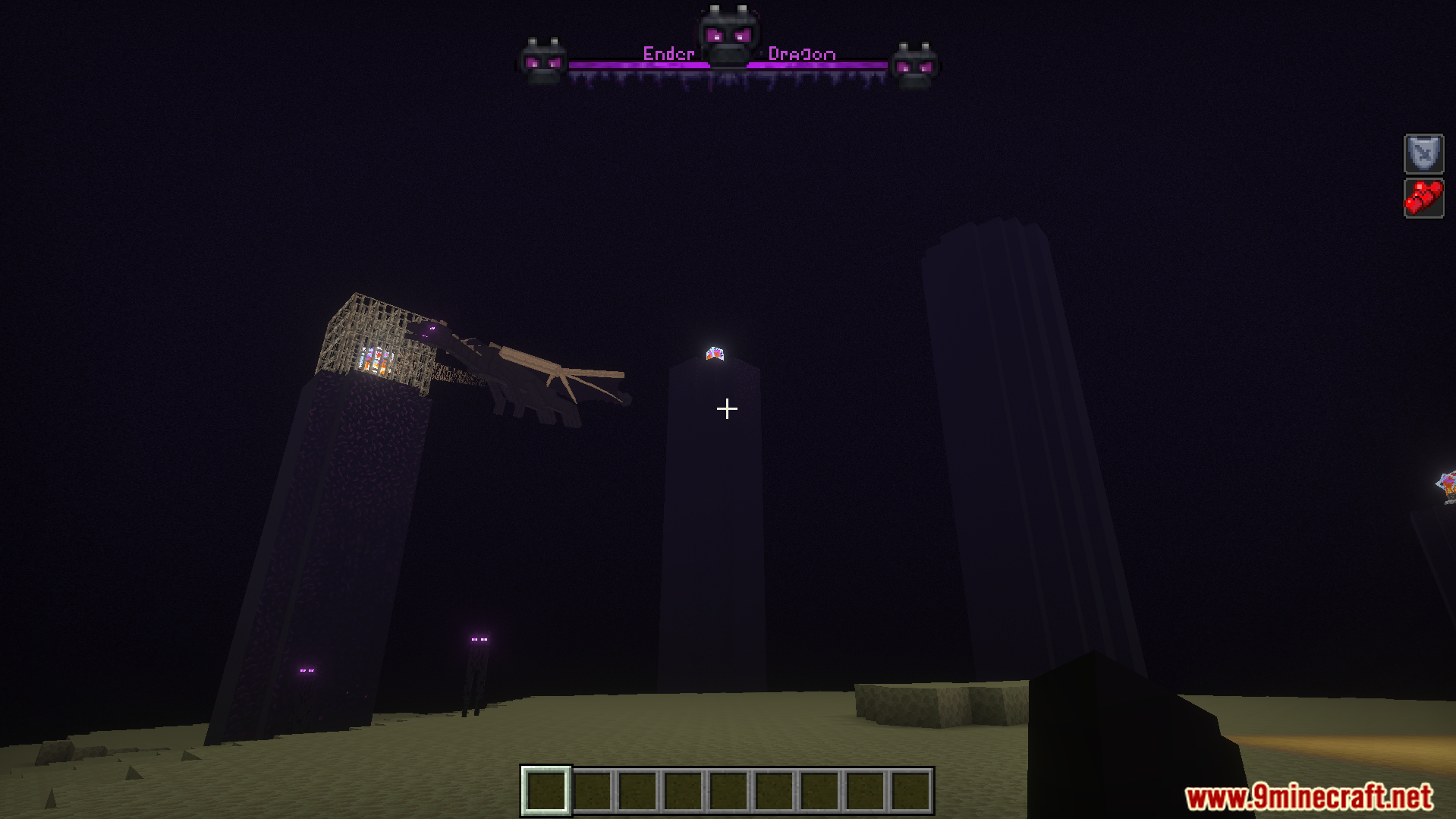 Improved Bossbars Texture Pack Screenshot 7 Ender Dragon flying near obsidian pillars with a glowing fantasy boss health bar