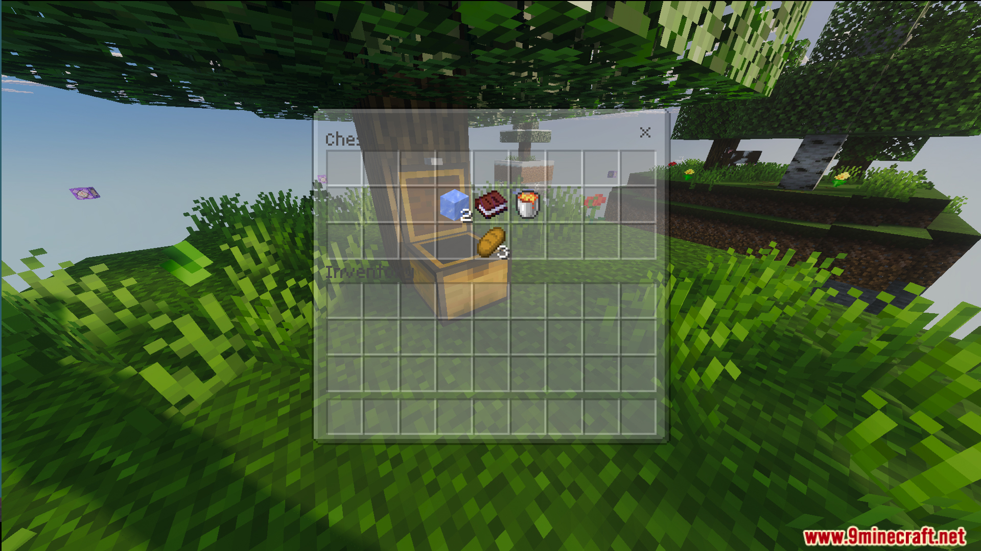 Open chest containing ice blocks lava bucket and bread on a floating island