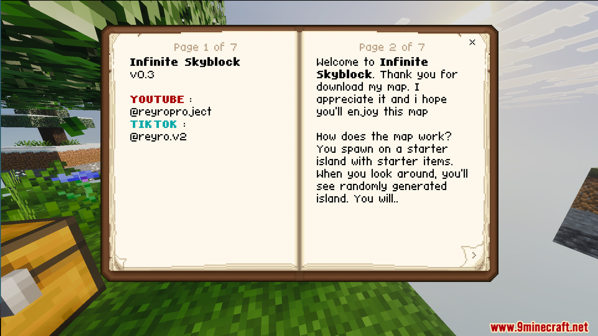 Minecraft book interface displaying details and instructions for the Infinite Skyblock map