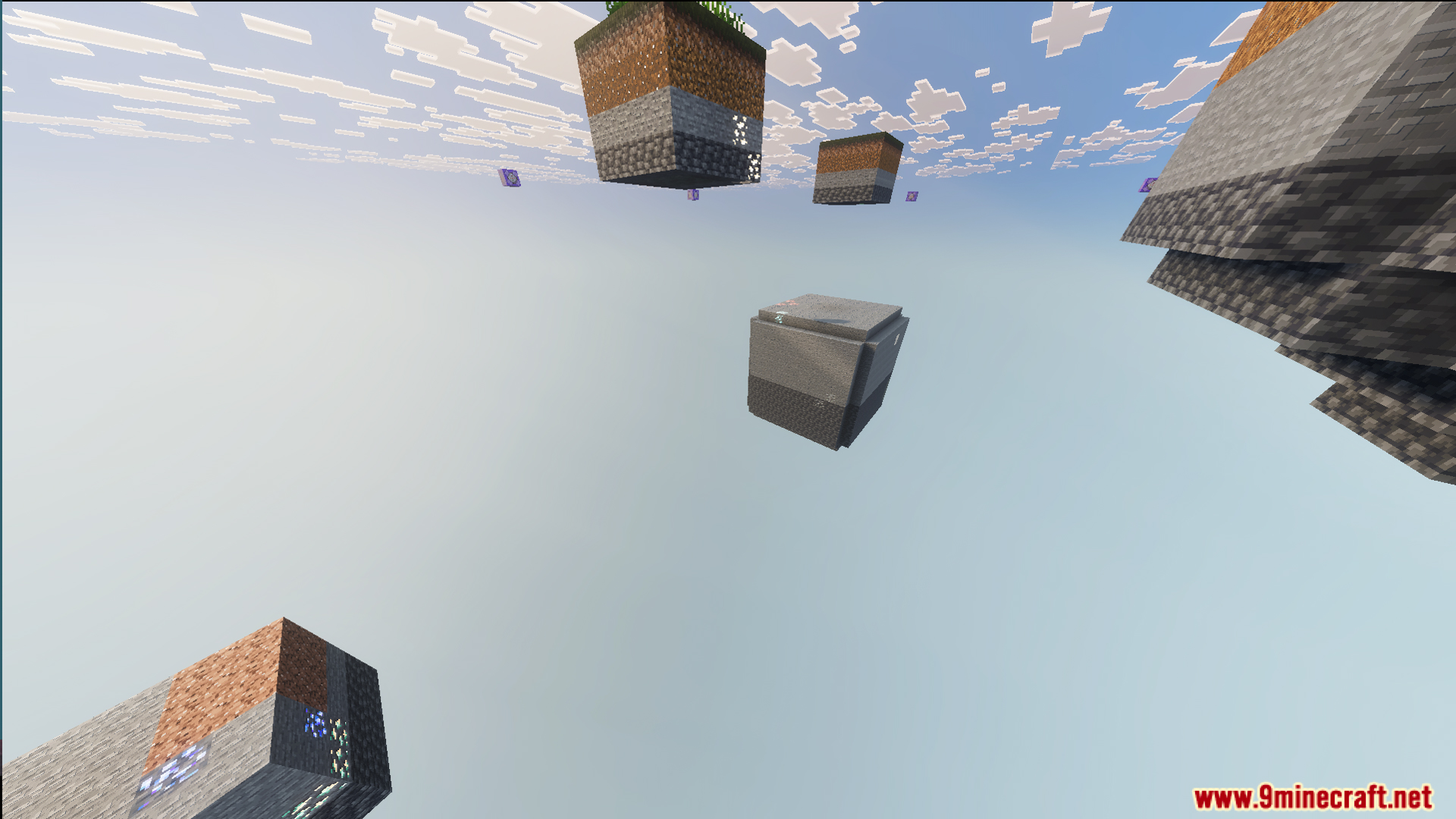 A view of several small floating islands generated throughout the endless sky void