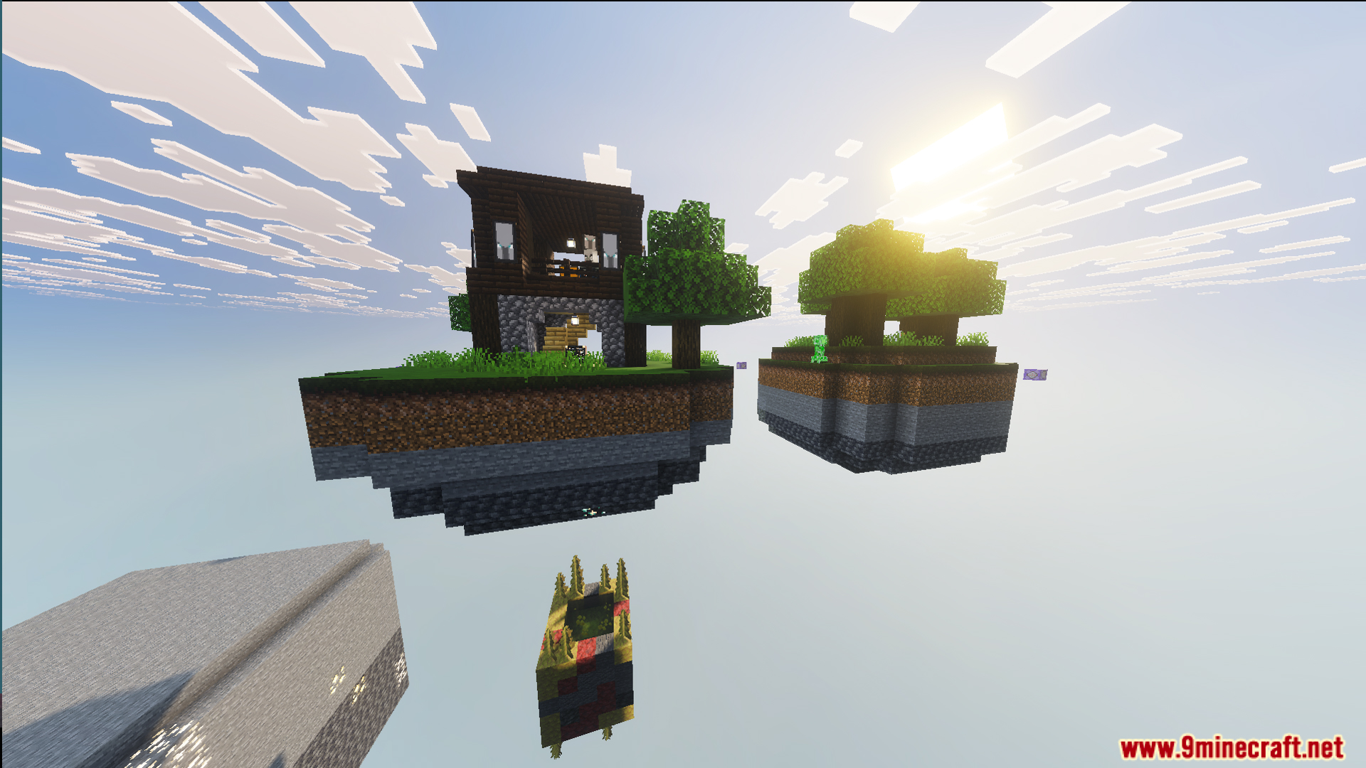 A wooden house and green trees on floating islands above the void