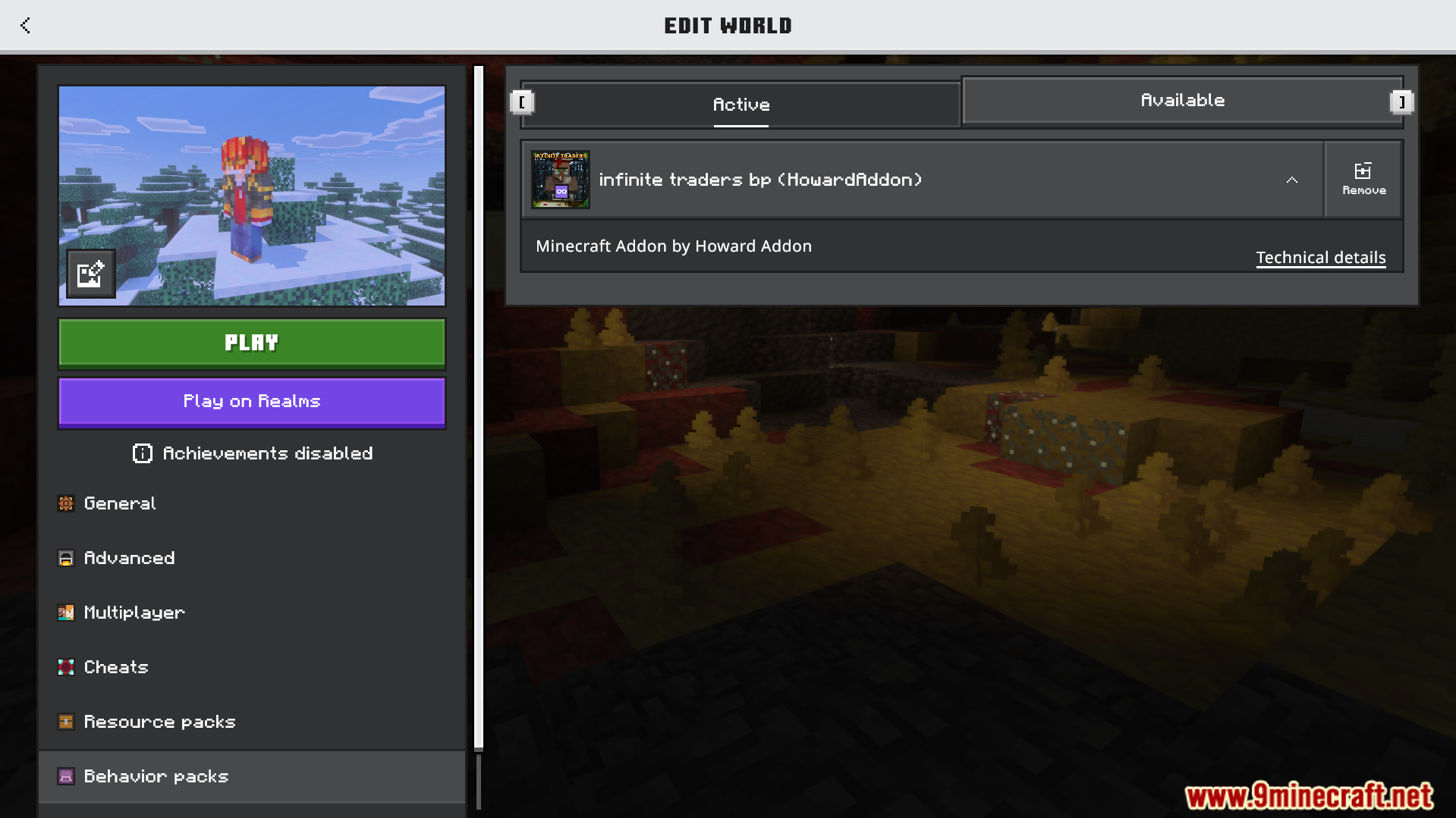 Minecraft world settings menu showing the active infinite traders behavior pack