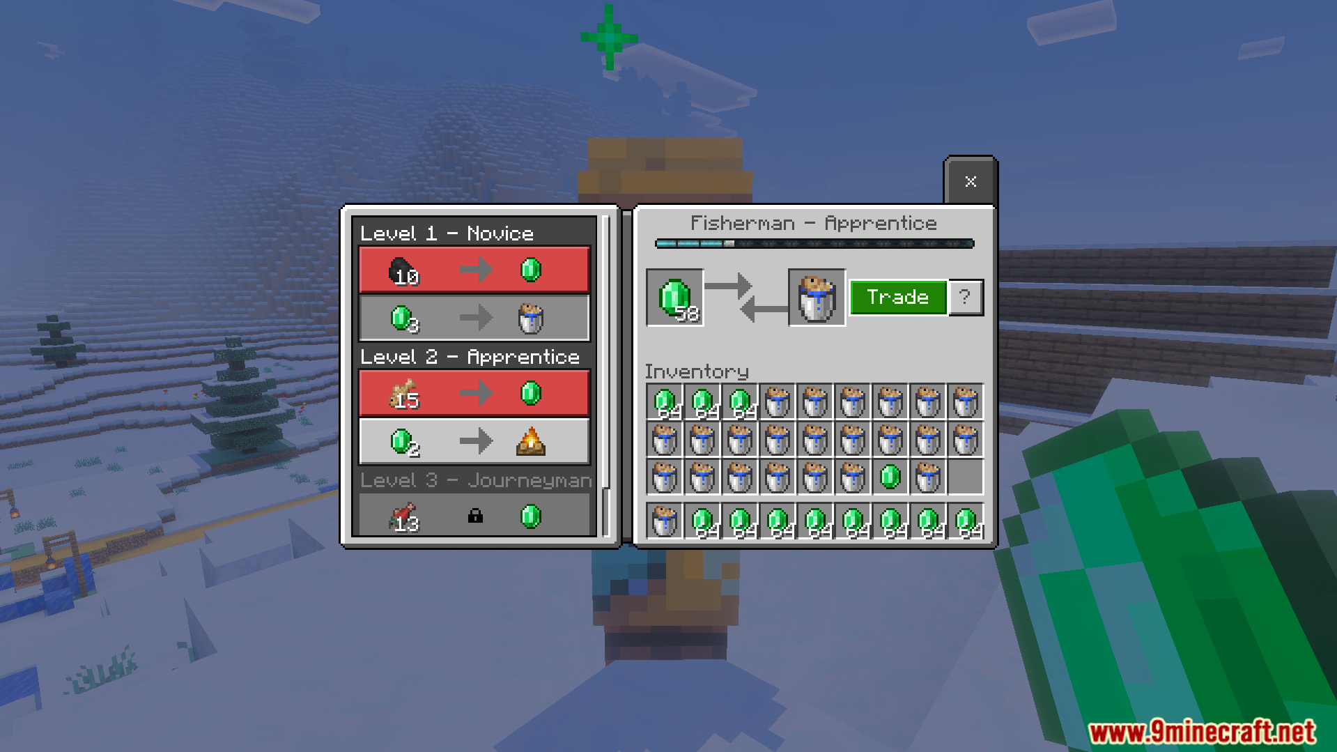 Infinite Trade Plus Addon interface showing a fisherman with many trade items