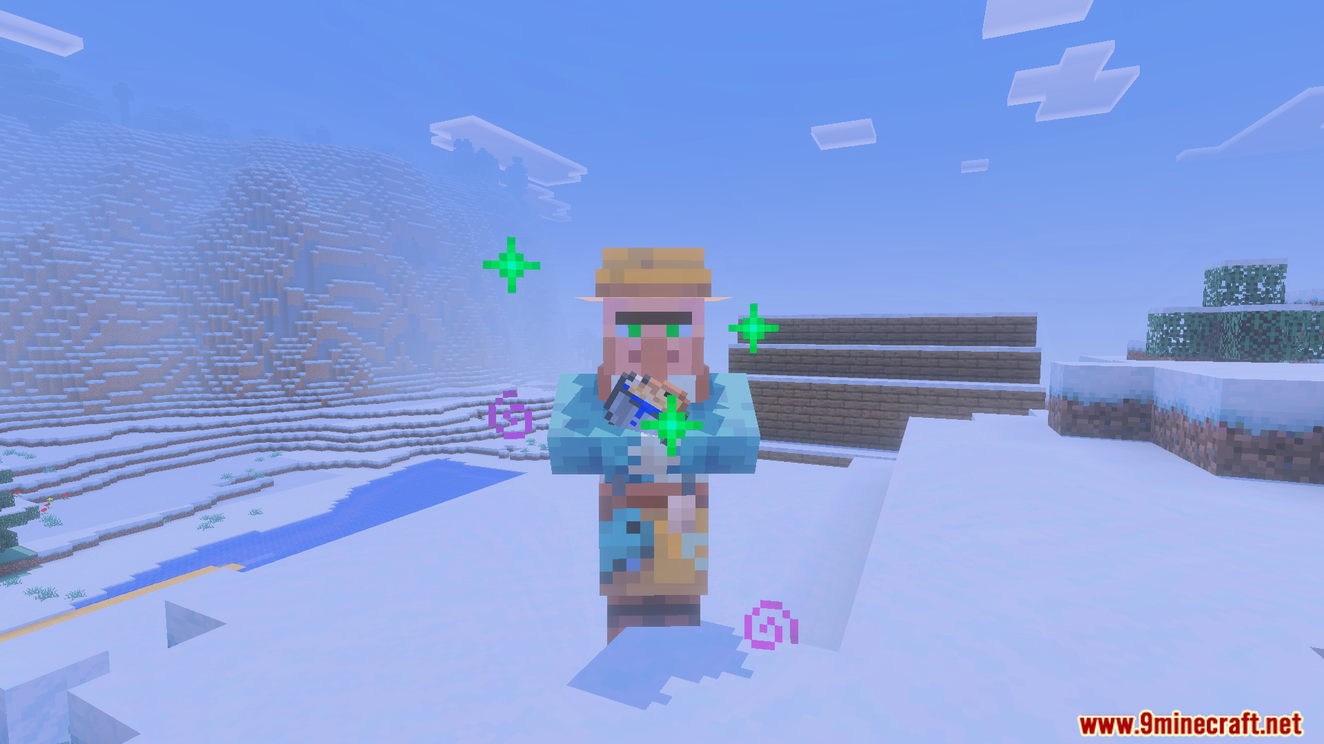 Fisherman villager standing in a snowy biome with green and purple particles
