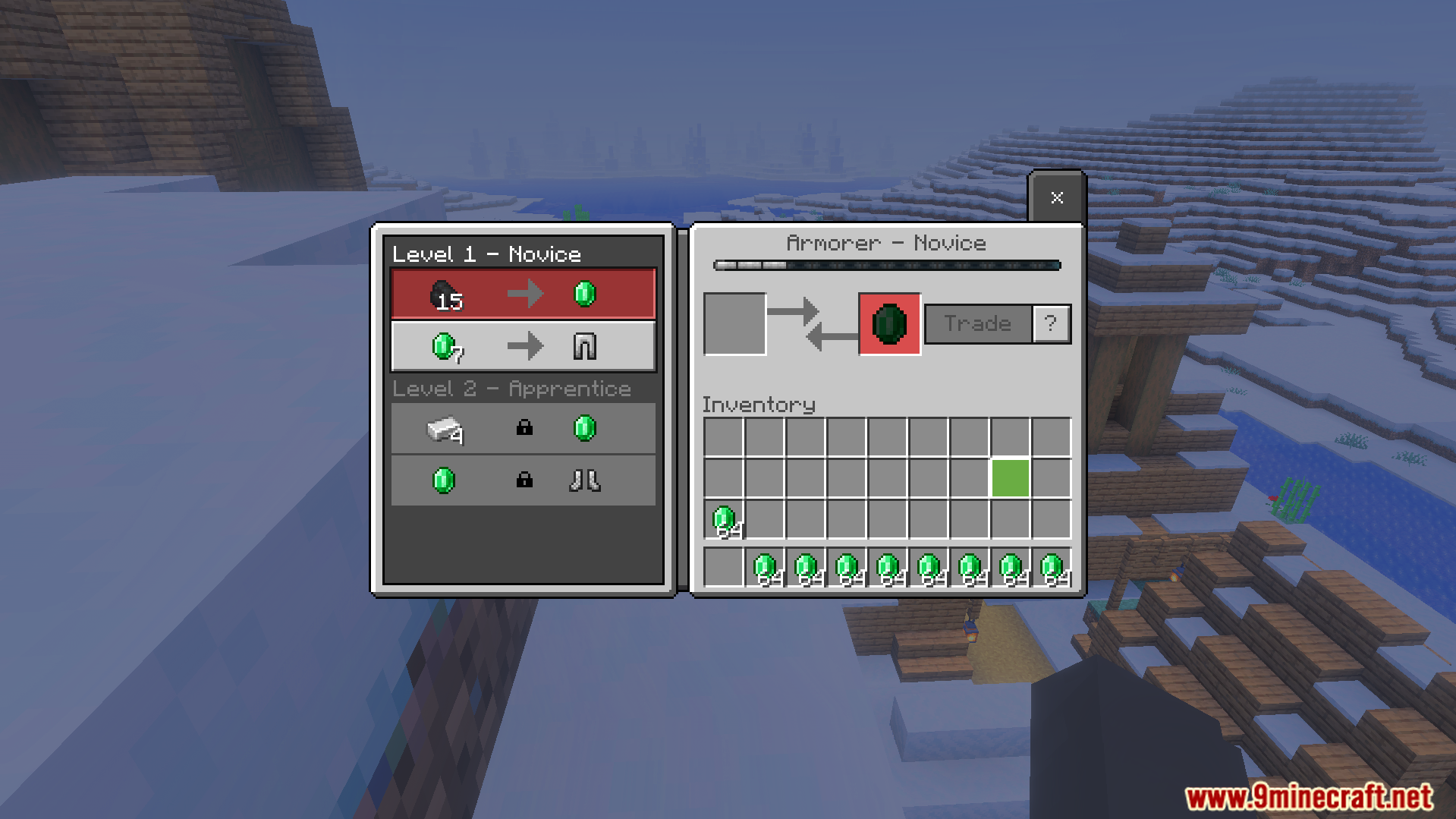 Minecraft trading screen showing a novice armorer with many stacks of emeralds